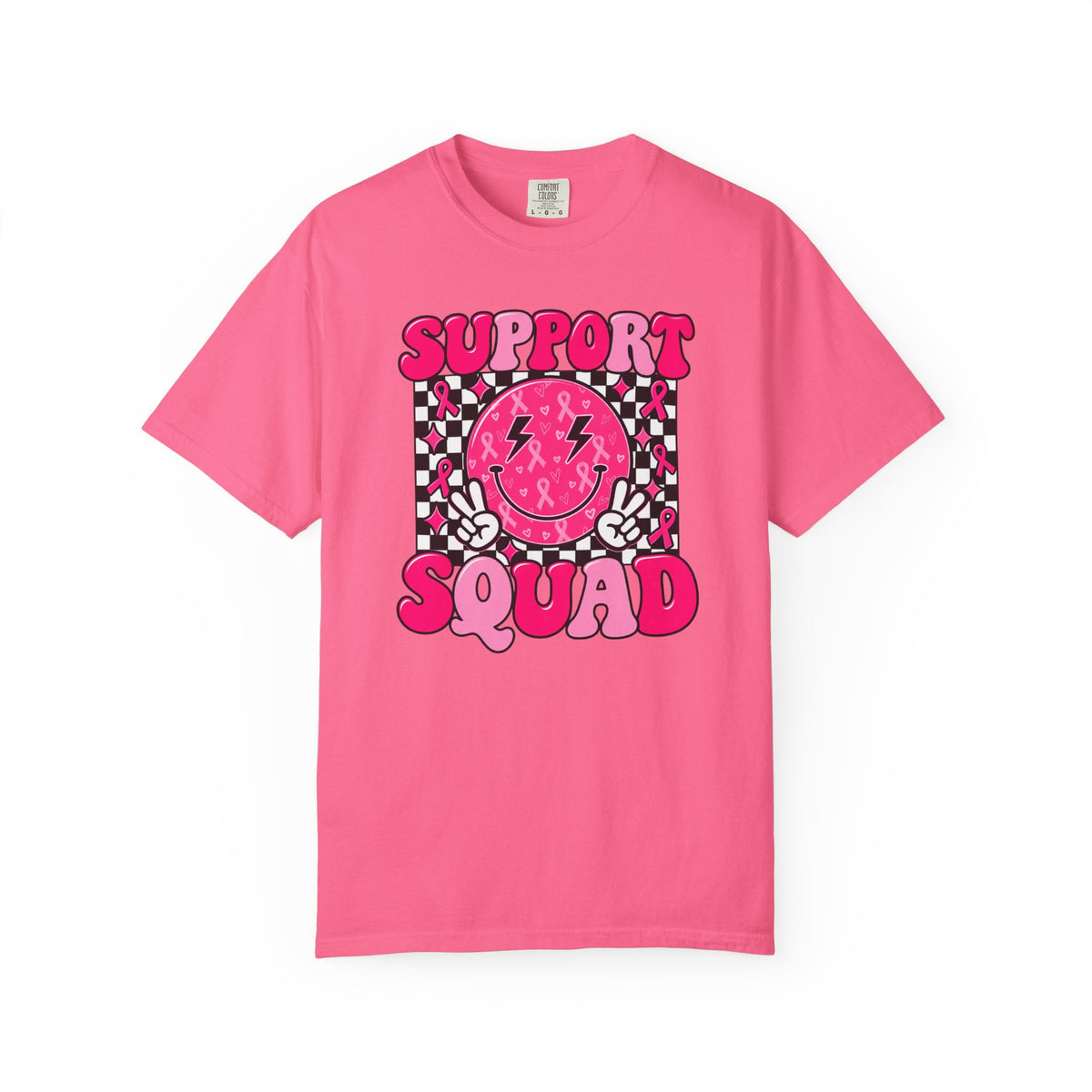 Support Squad T-Shirt — Pink Smiley Checkerboard Graphic Tee