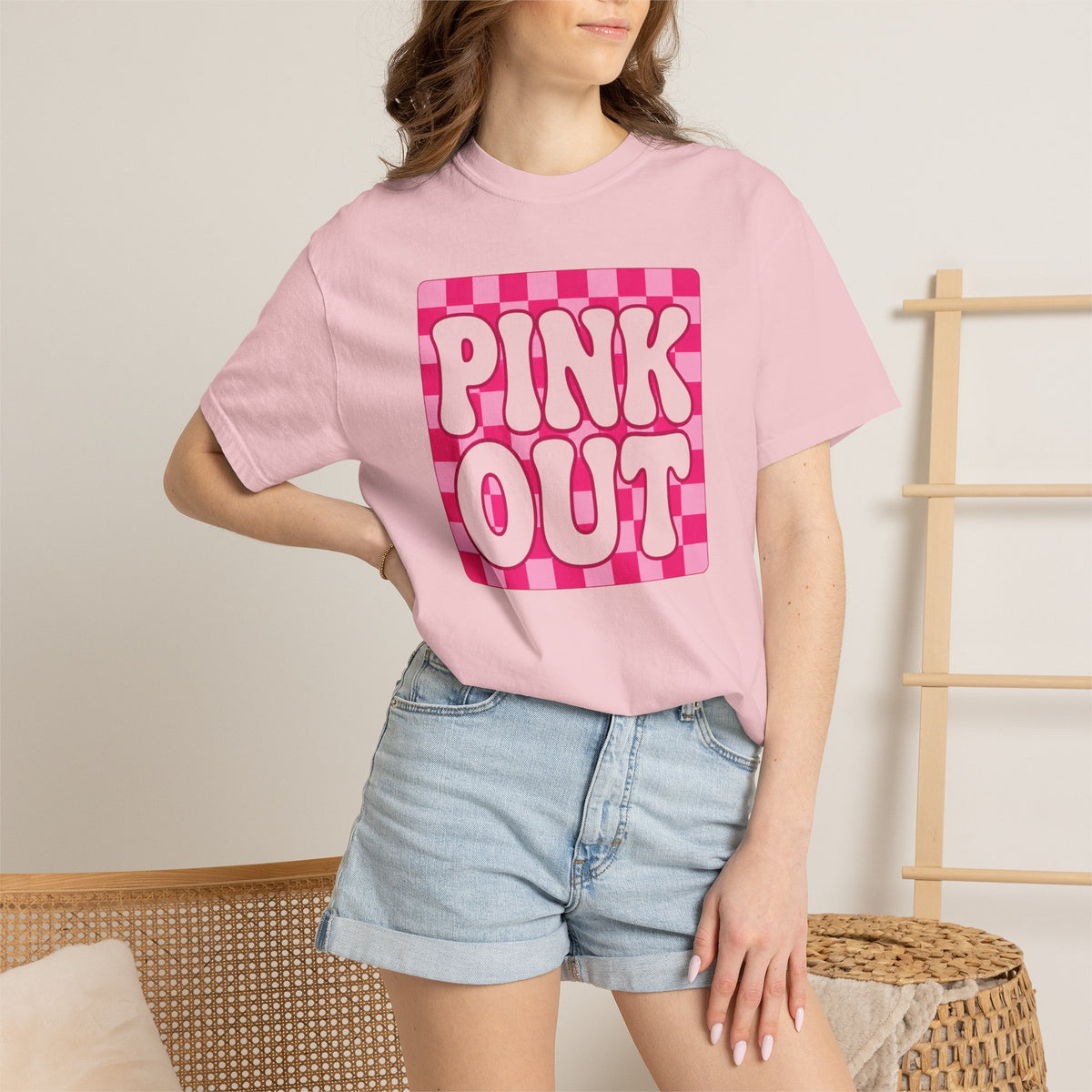 Pink Out Checkerboard T-Shirt — Retro Bubble Letter Graphic Tee