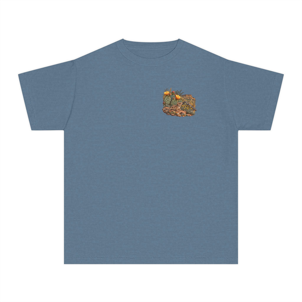 youth Caprock Critters horny toad tee with front and back West Texas cactus artwork