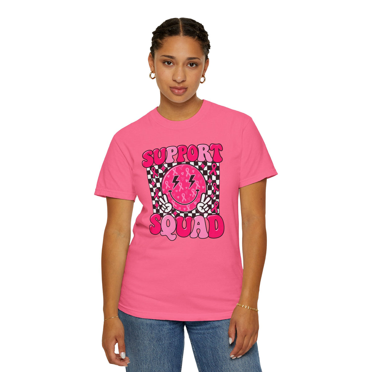 Support Squad T-Shirt — Pink Smiley Checkerboard Graphic Tee
