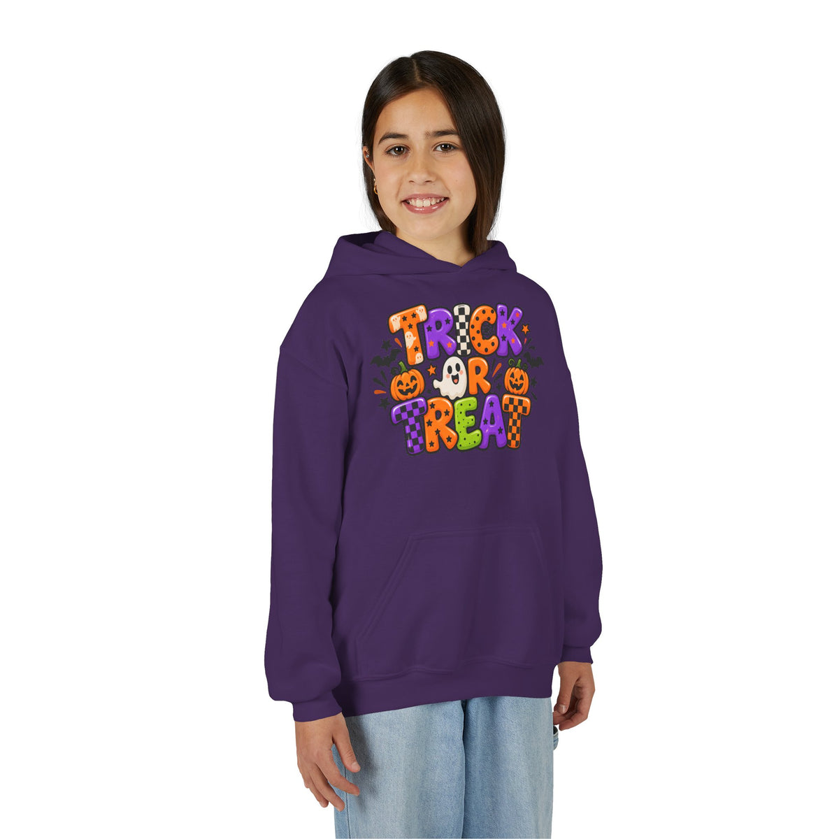 Youth Halloween Hoodie - "Trick or Treat" Colorful Pumpkin Design