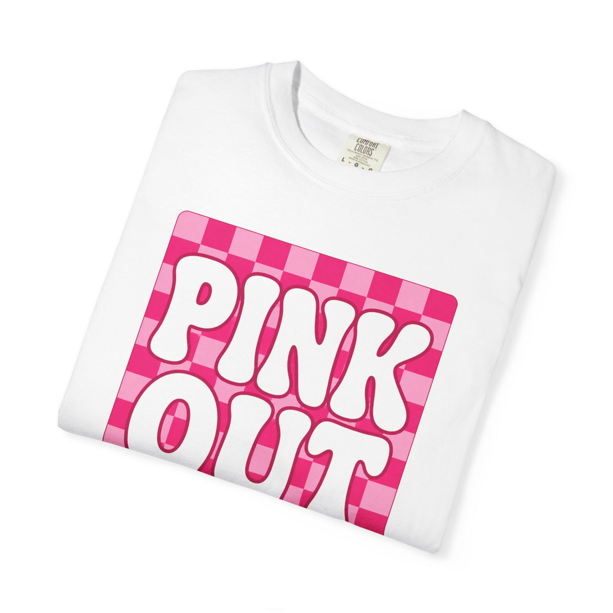 Pink Out Checkerboard T-Shirt — Retro Bubble Letter Graphic Tee