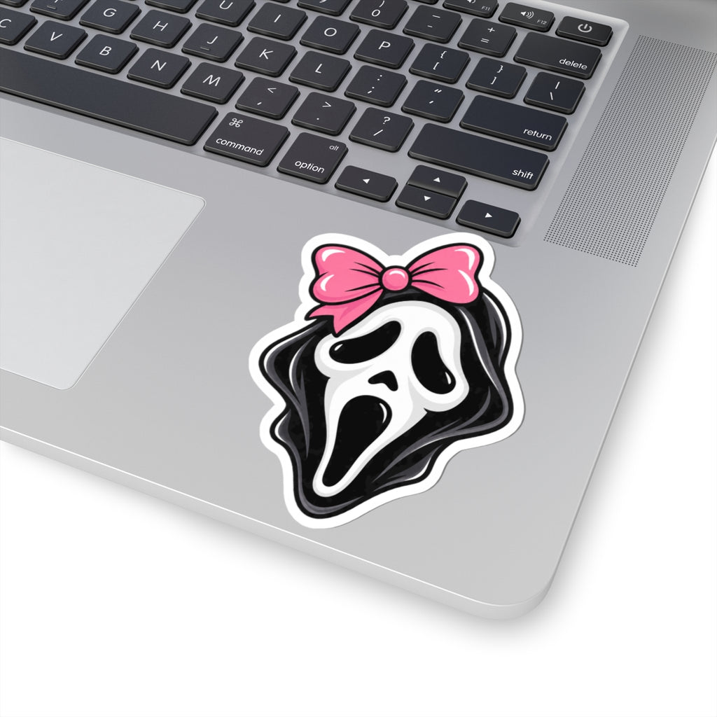 Scream Mask Sticker — Cute Horror Kiss-Cut Decal with Pink Bow