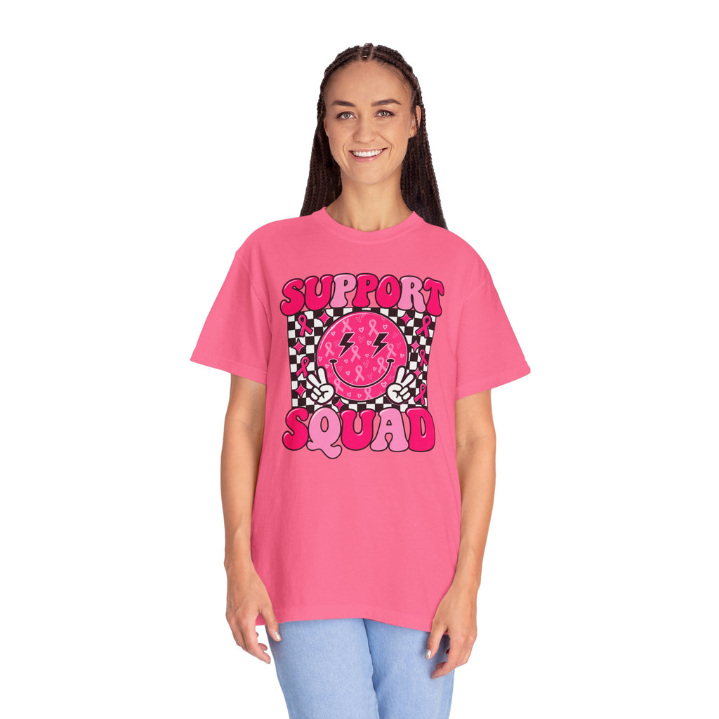 Support Squad T-Shirt — Pink Smiley Checkerboard Graphic Tee