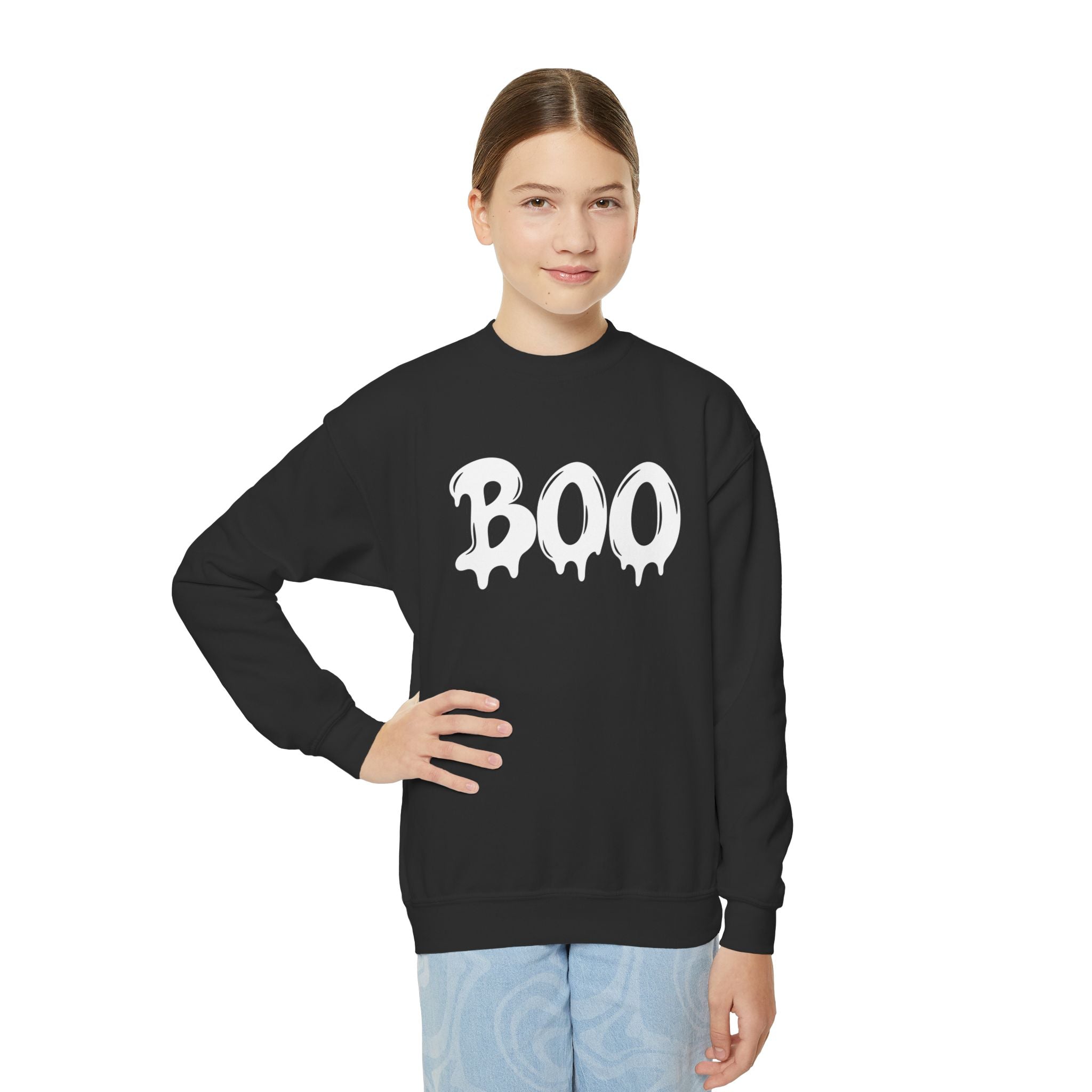 Youth Sweatshirt - 'BOO' Halloween Crewneck (Spooky Drip Font)