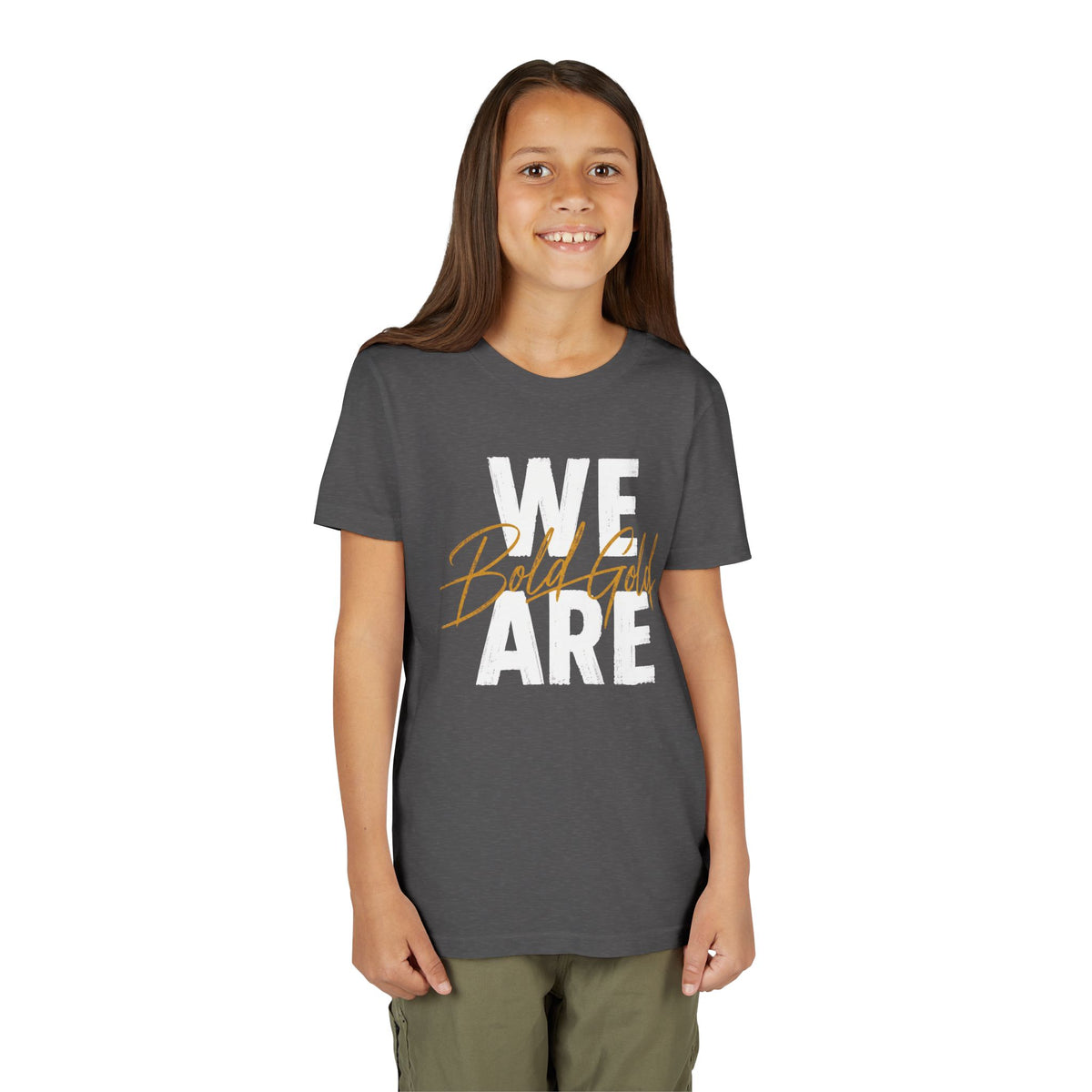 We Are Bold Gold Youth Tee — 'We Are' White Block Text with Gold Script Accent
