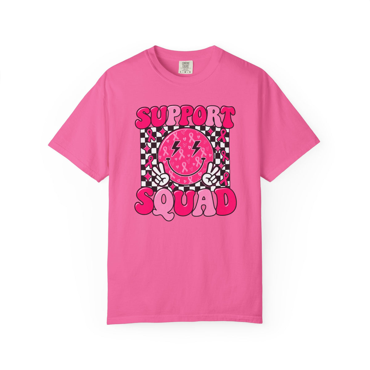 Support Squad T-Shirt — Pink Smiley Checkerboard Graphic Tee