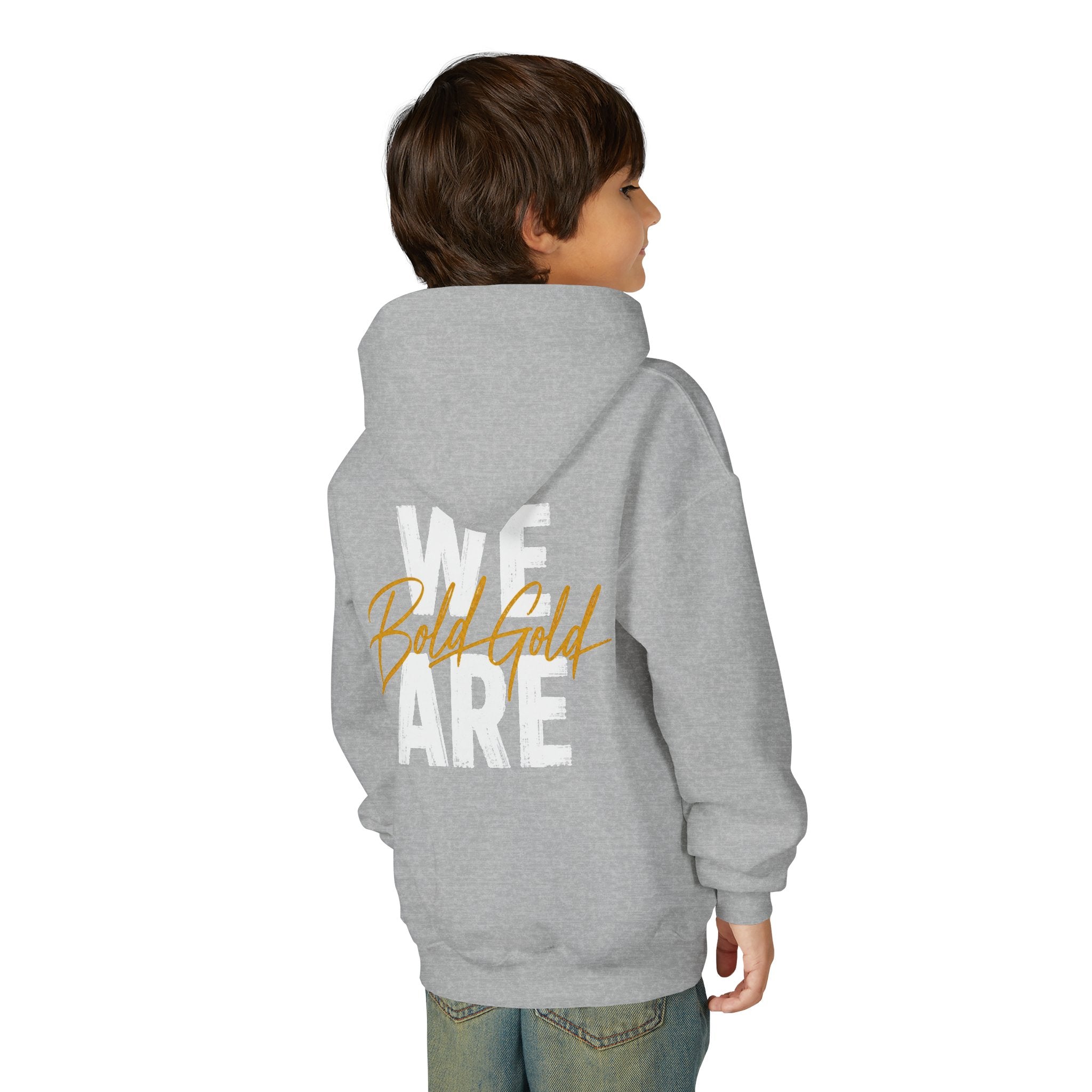 Youth Hoodie — “WE ARE” Bold Gold Script Team Pullover