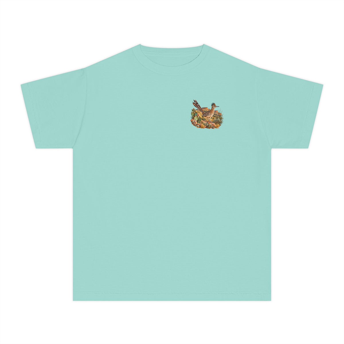 youth Caprock Critters roadrunner tee with front and back West Texas wildlife artwork.