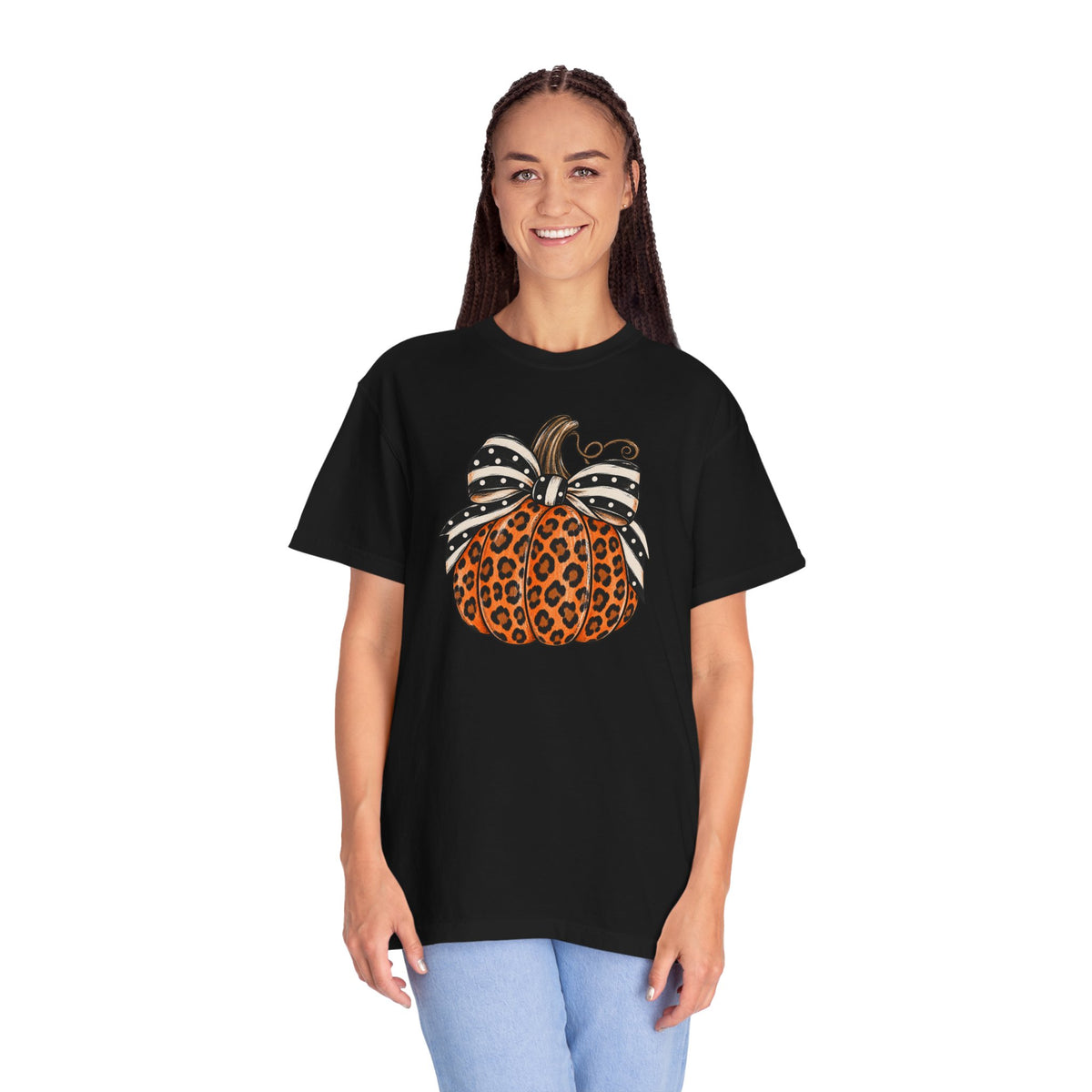 Leopard Pumpkin T-Shirt — Autumn Pumpkin Graphic Tee with Polka Dot Bow