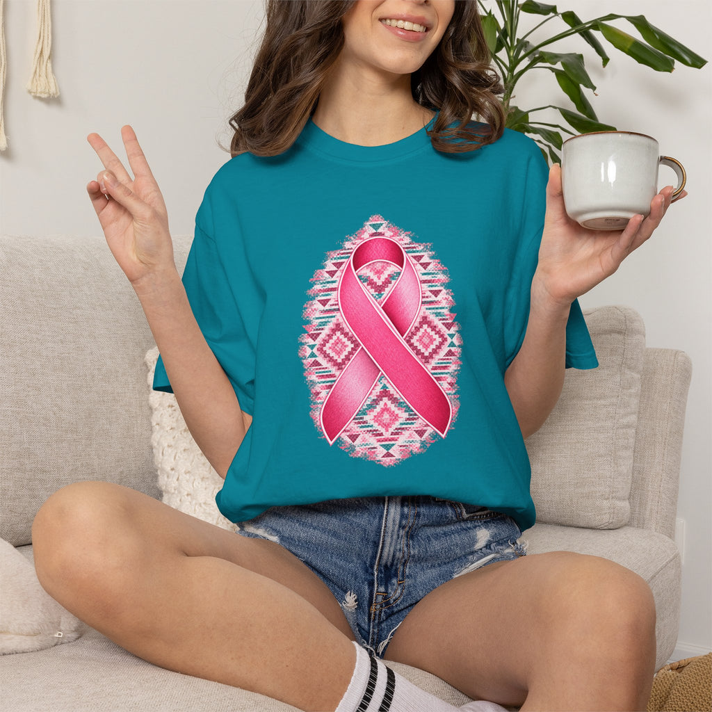 Breast Cancer Awareness Ribbon T-Shirt — Pink Ribbon Floral Tribal Tee
