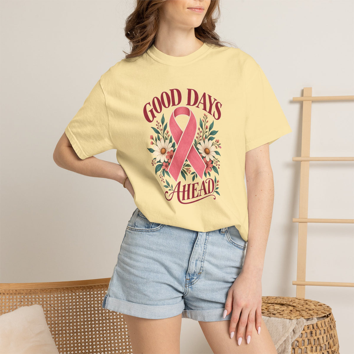 Breast Cancer Awareness T-Shirt — "Good Days Ahead" Ribbon Floral Tee