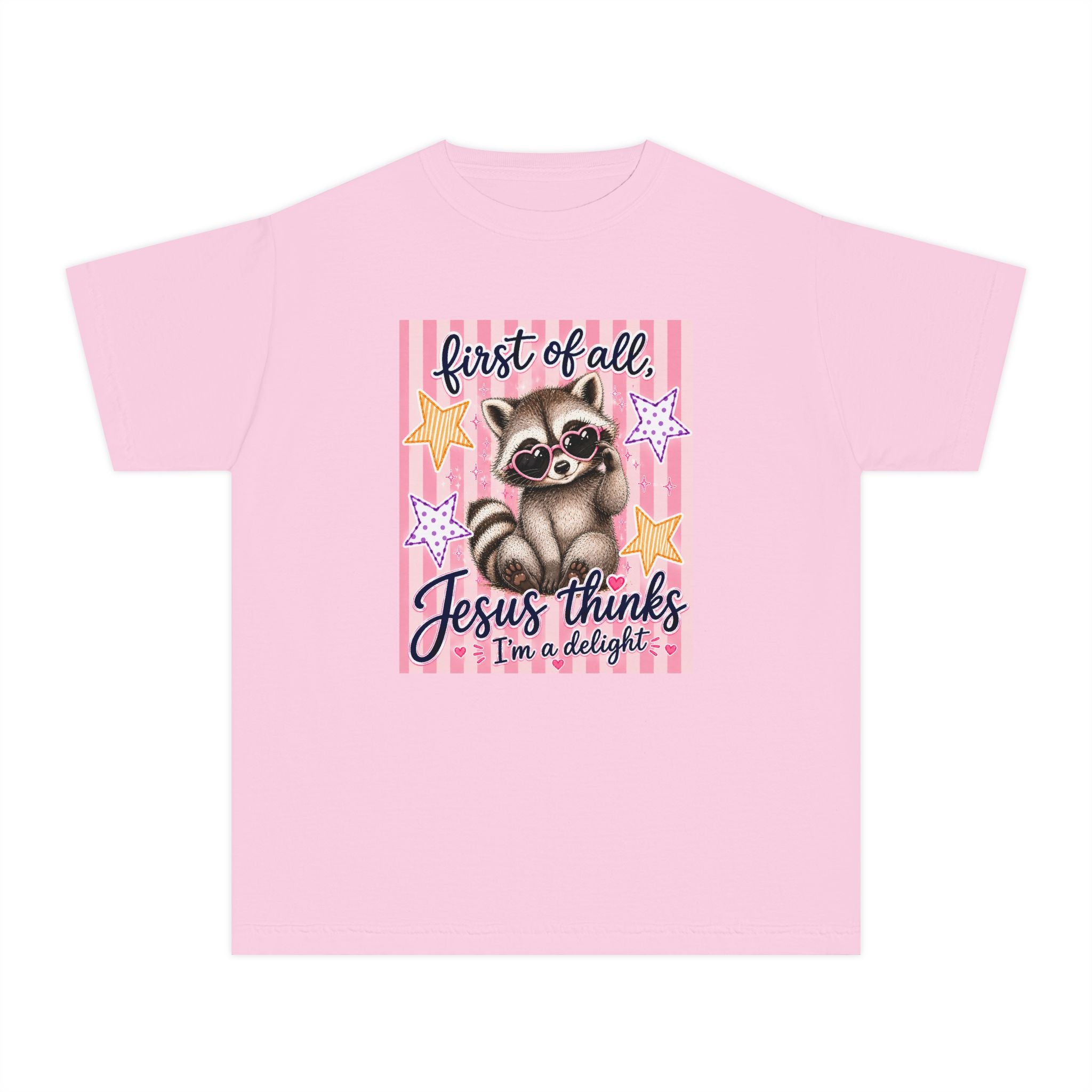 Youth Tee — 'First of All, Jesus Thinks I’m a Delight' Cute Raccoon Faith Shirt
