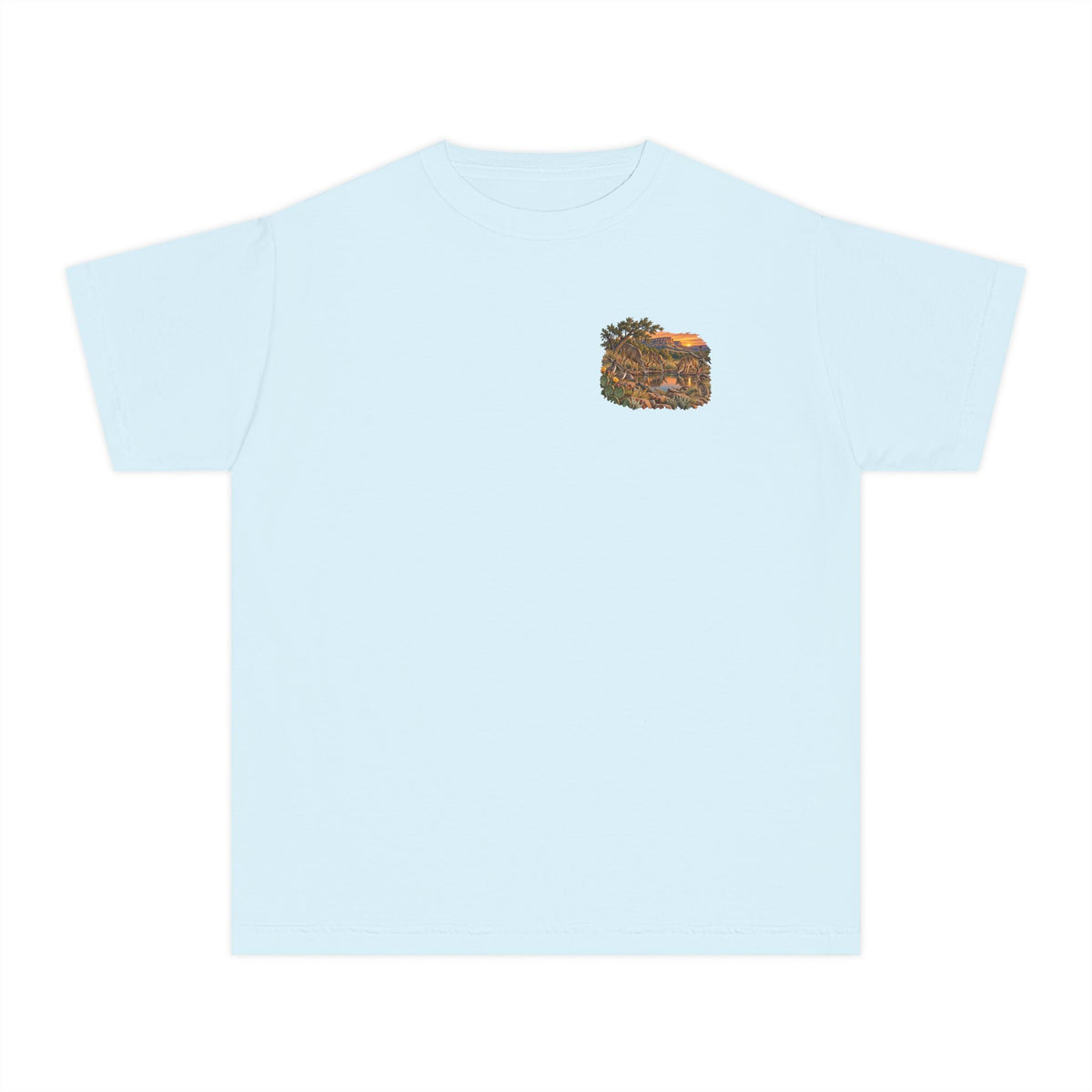 chambray youth Caprock Critters at Sunset tee with front and back West Texas wildlife artwork.