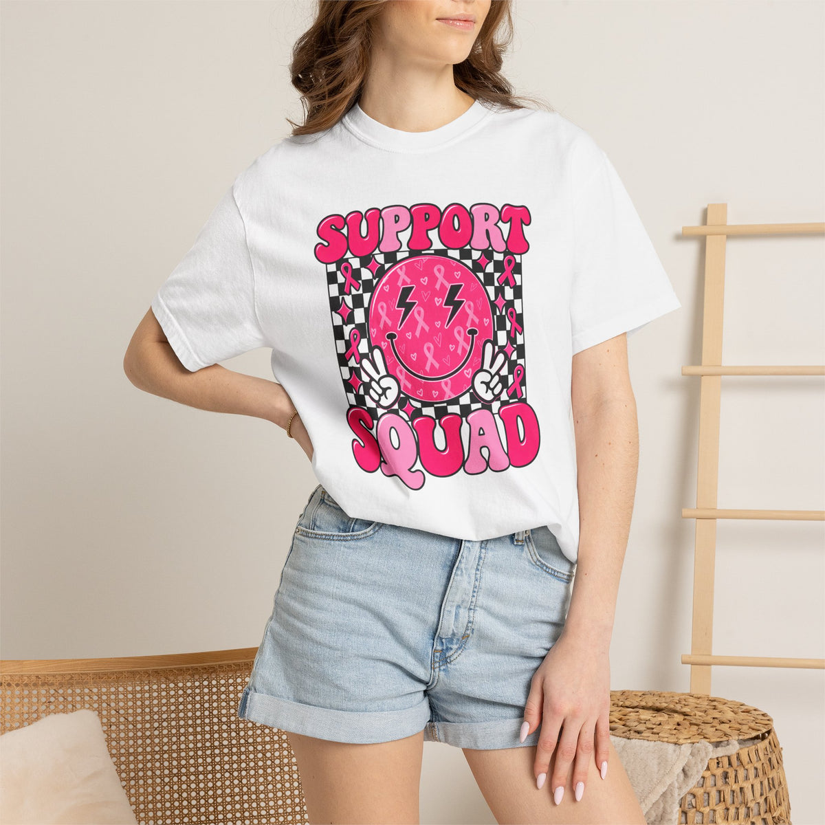 Support Squad T-Shirt — Pink Smiley Checkerboard Graphic Tee