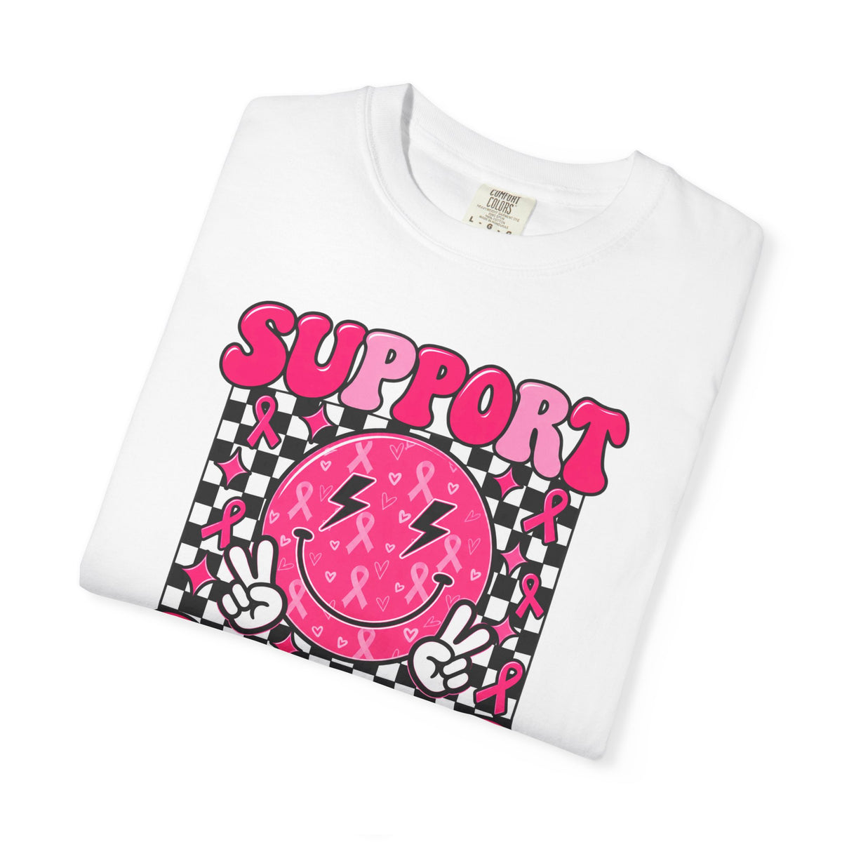 Support Squad T-Shirt — Pink Smiley Checkerboard Graphic Tee