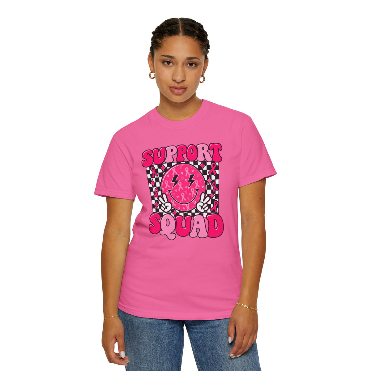 Support Squad T-Shirt — Pink Smiley Checkerboard Graphic Tee