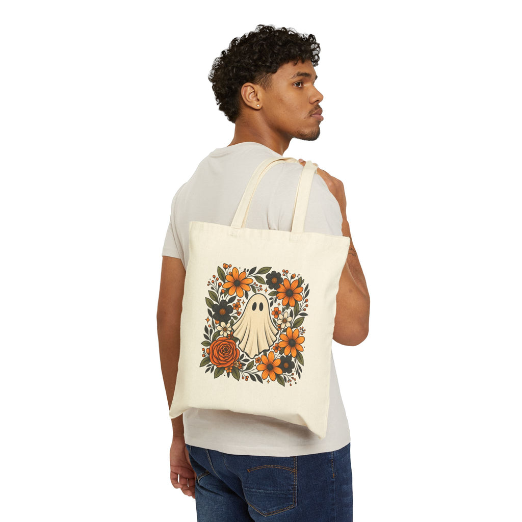 Halloween Ghost Floral Tote Bag — Cute Retro Ghost with Orange Flowers Cotton Canvas Tote