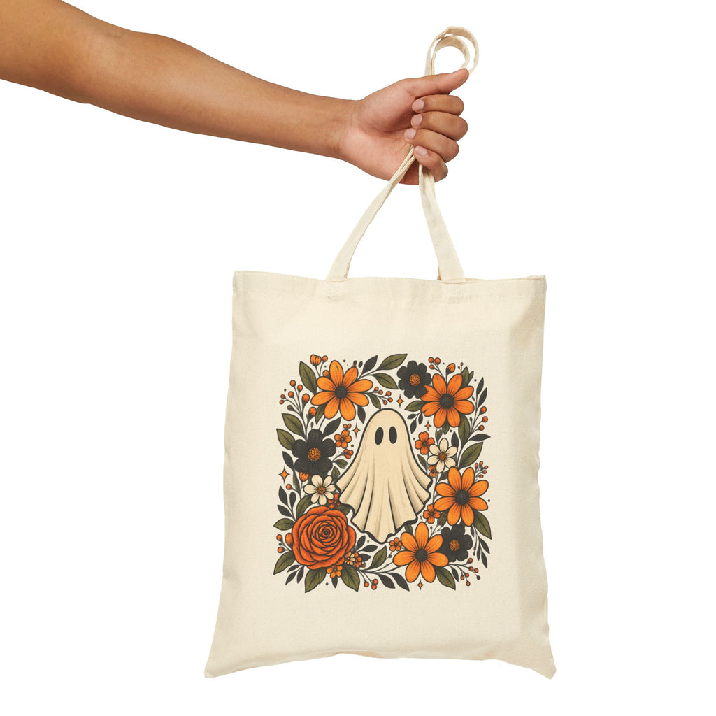 Halloween Ghost Floral Tote Bag — Cute Retro Ghost with Orange Flowers Cotton Canvas Tote