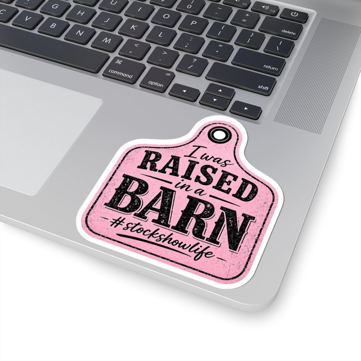 Raised in a Barn Kiss-Cut Sticker — #stockshowlife Pink Livestock Ear Tag Design