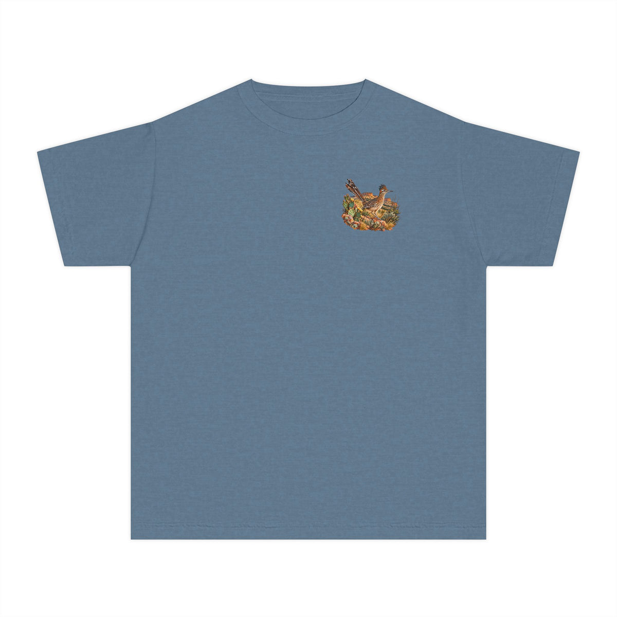 youth Caprock Critters roadrunner tee with front and back West Texas wildlife artwork.
