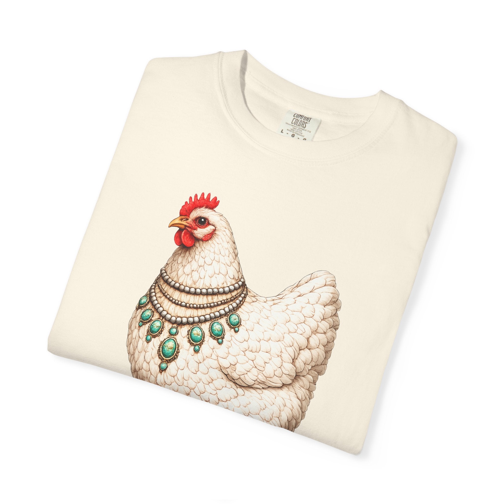 Chicken Illustration T-Shirt — Vintage Hen with Turquoise Necklace Tee