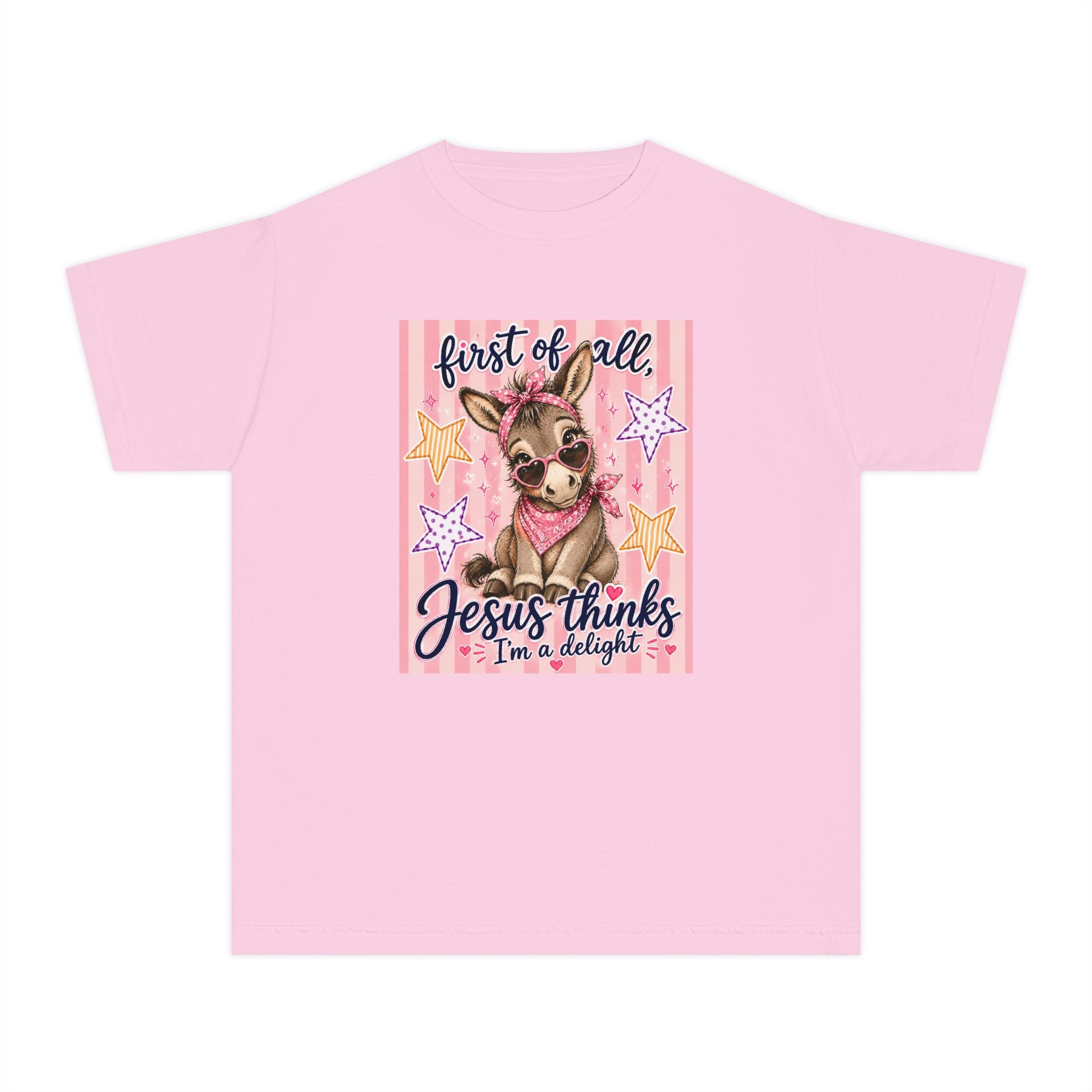 Youth Tee — "First of All, Jesus Thinks I’m a Delight" Cute Donkey Christian Shirt