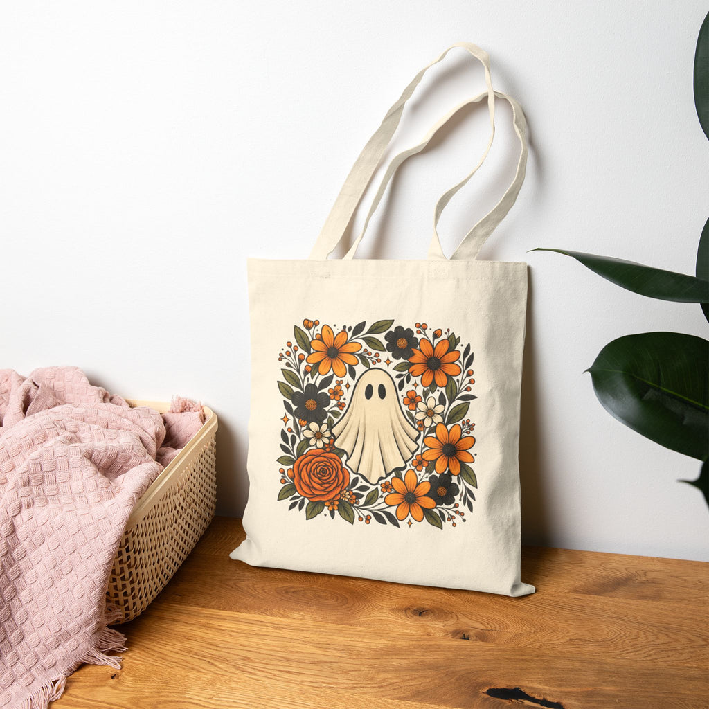 Halloween Ghost Floral Tote Bag — Cute Retro Ghost with Orange Flowers Cotton Canvas Tote
