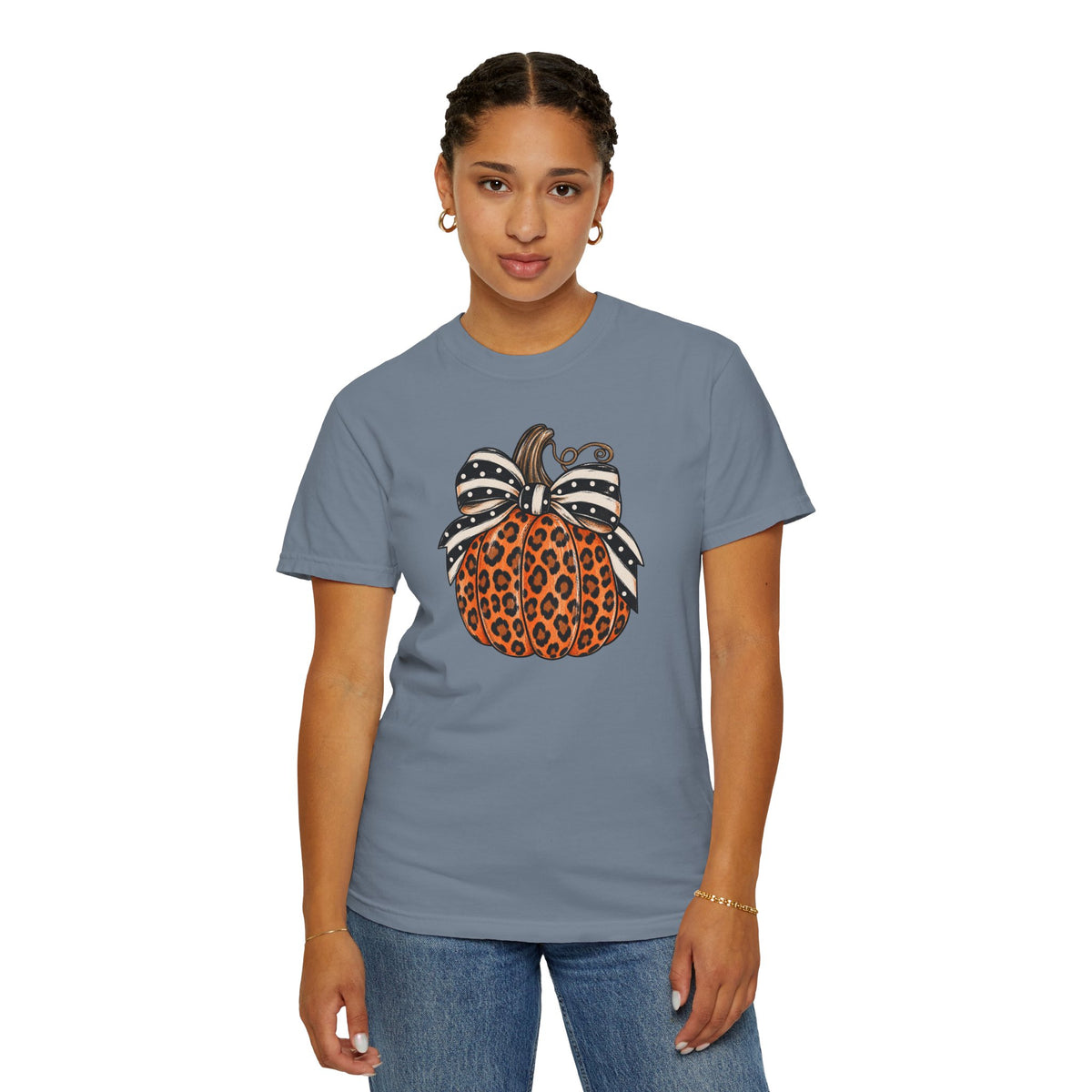 Leopard Pumpkin T-Shirt — Autumn Pumpkin Graphic Tee with Polka Dot Bow