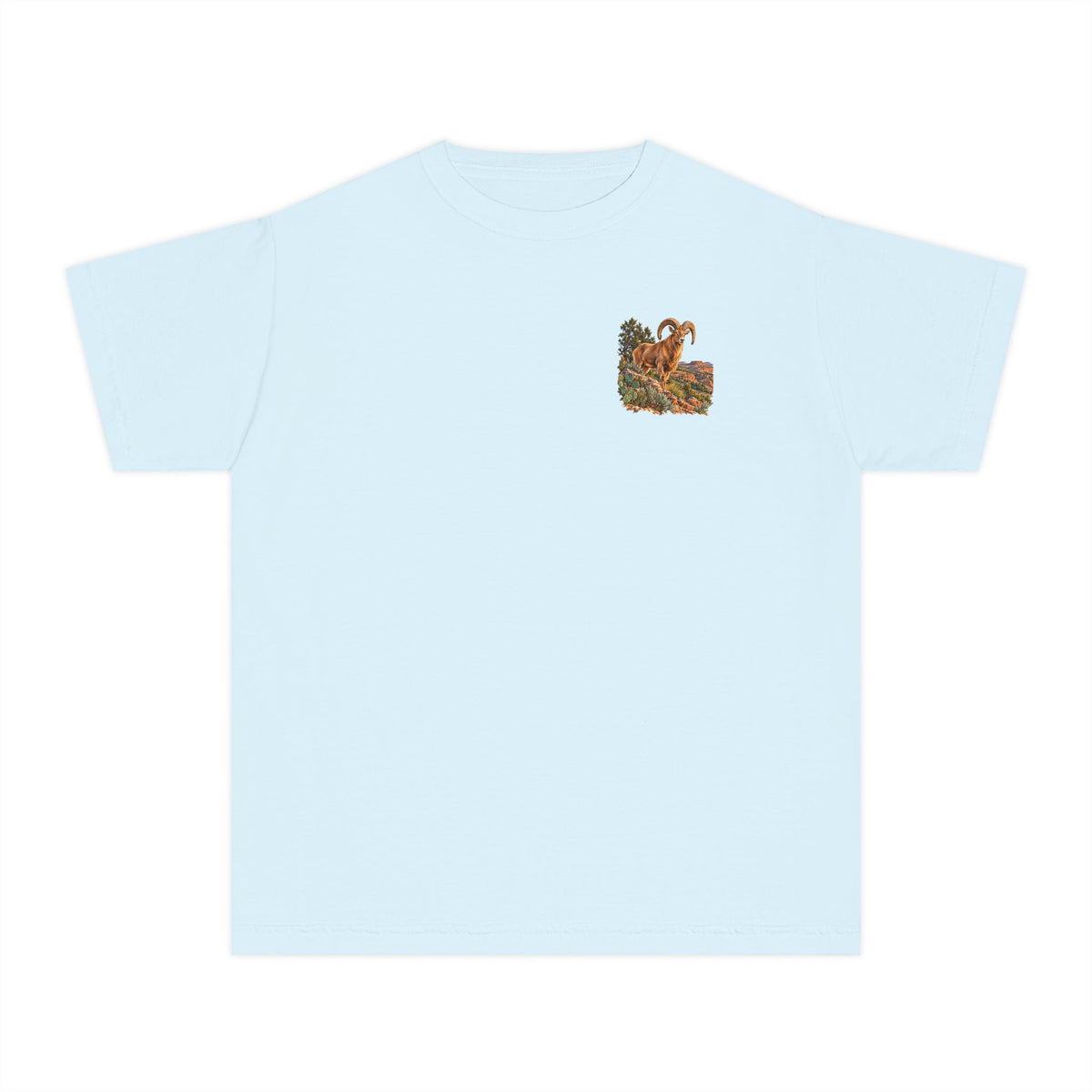 chambray youth Caprock Critters desert bighorn tee with front and back West Texas wildlife artwork.