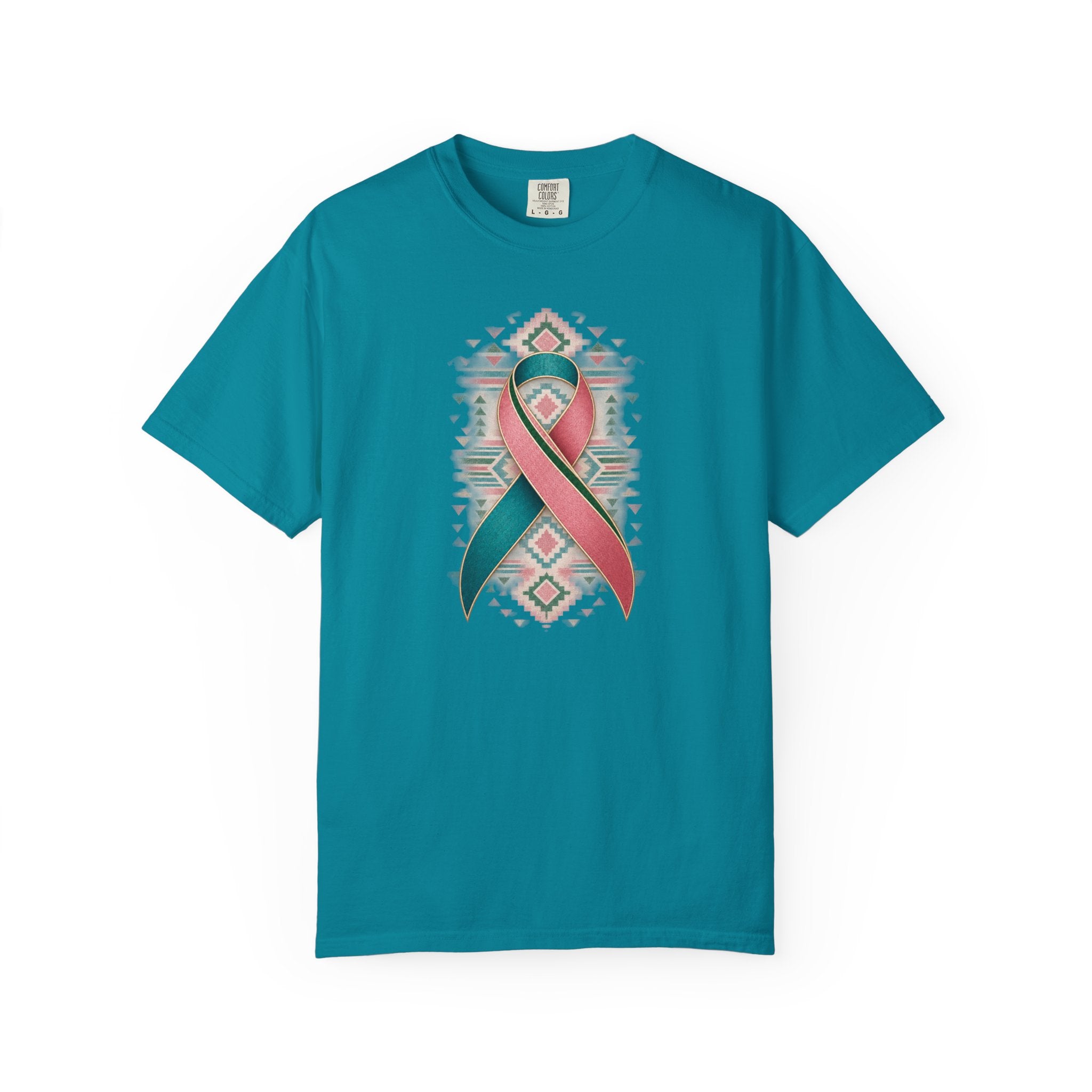 Metastatic Breast Cancer Awareness Ribbon Tee — Desert Aztec Teal & pink  Support Shirt