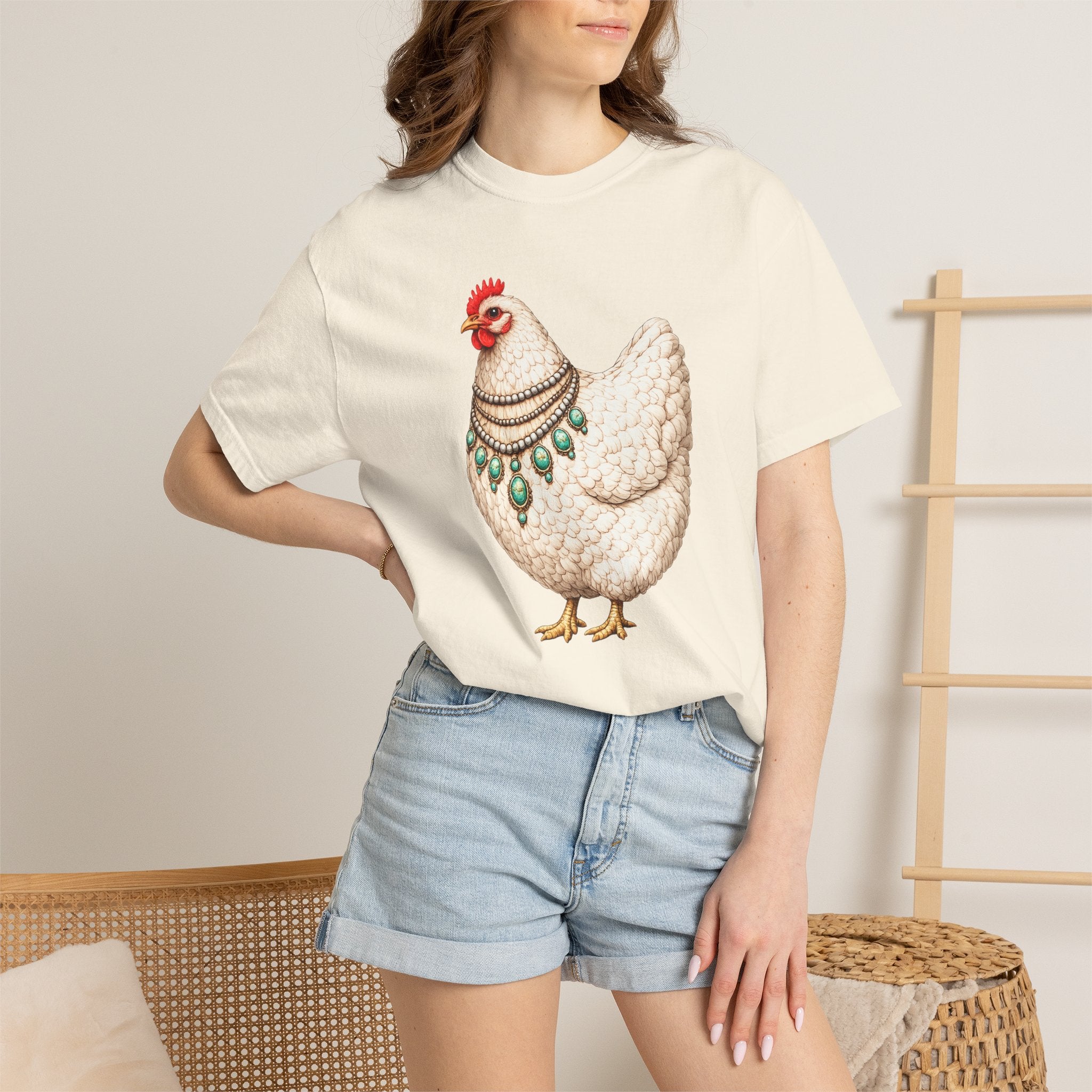 Chicken Illustration T-Shirt — Vintage Hen with Turquoise Necklace Tee