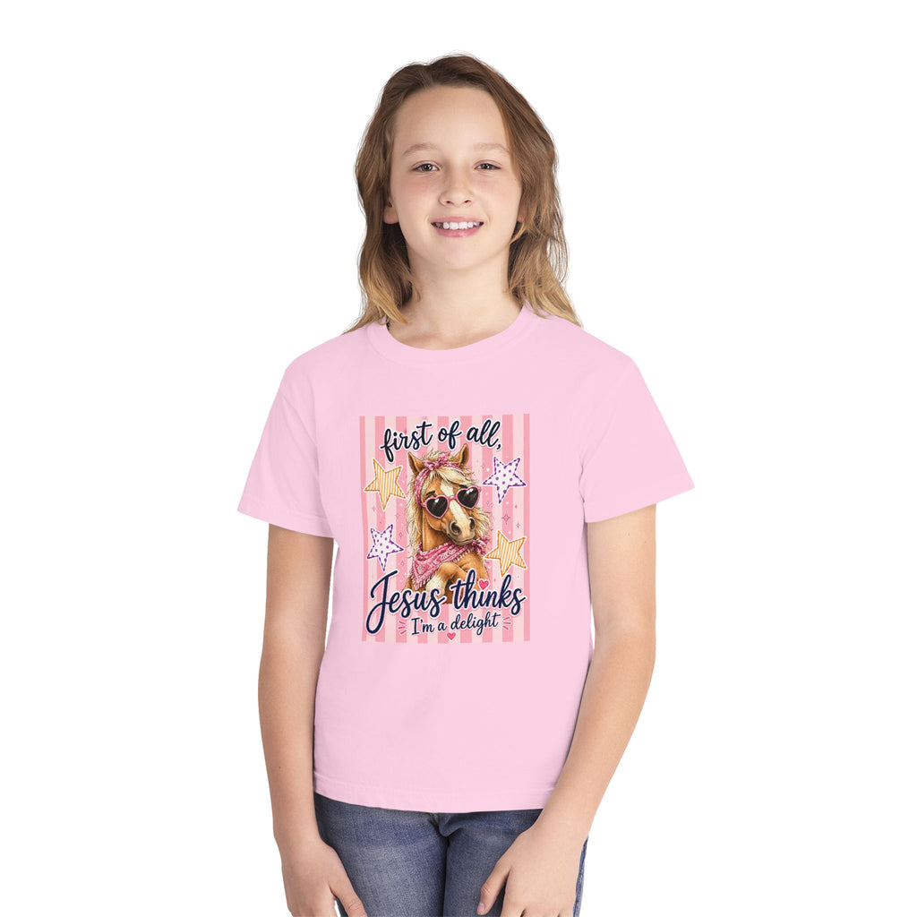 Youth Tee - "First of All, Jesus Thinks I’m a Delight" Pink Horse Graphic
