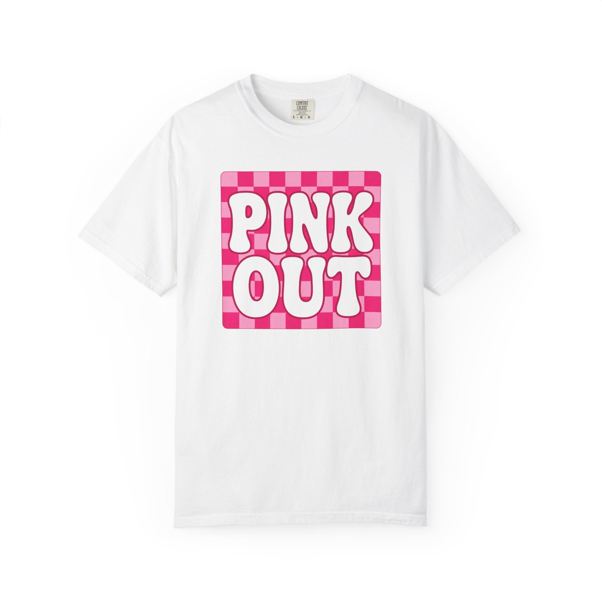 Pink Out Checkerboard T-Shirt — Retro Bubble Letter Graphic Tee