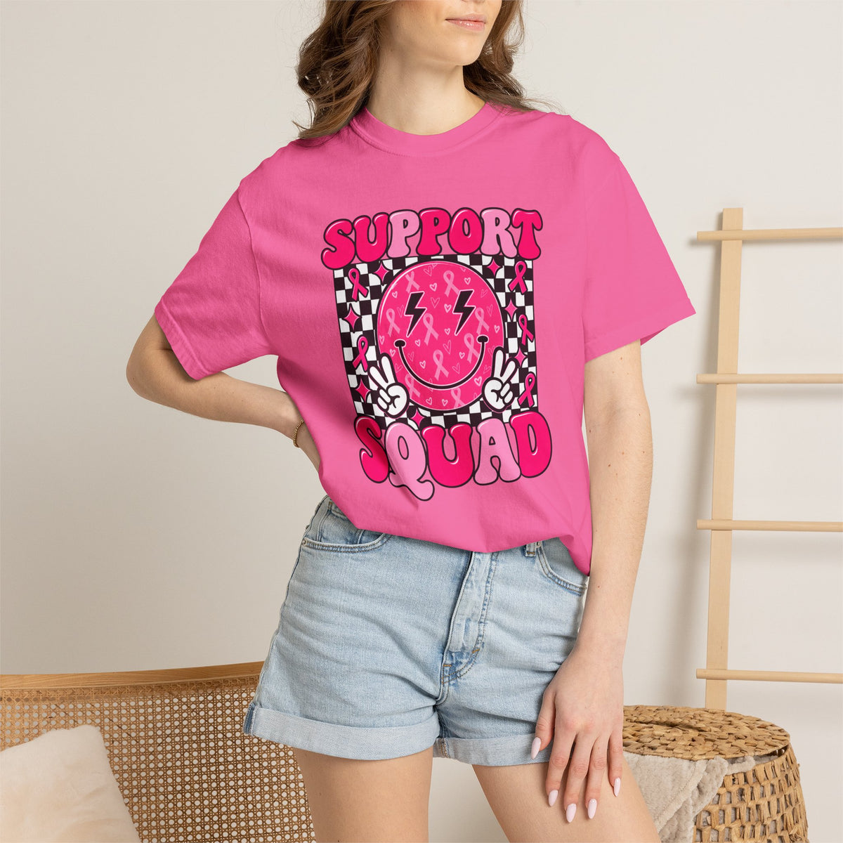 Support Squad T-Shirt — Pink Smiley Checkerboard Graphic Tee