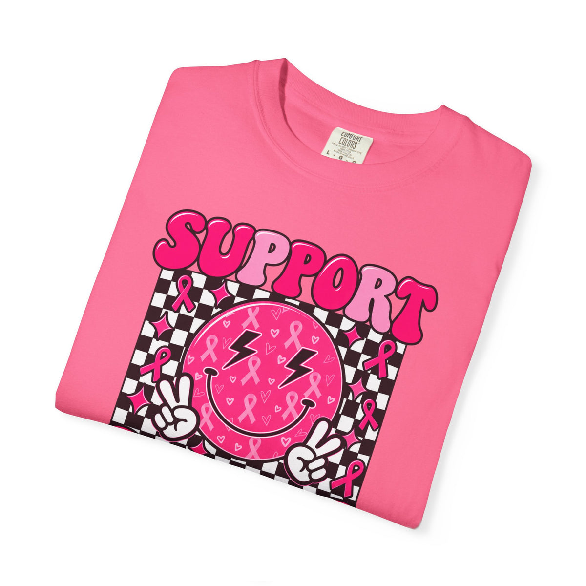 Support Squad T-Shirt — Pink Smiley Checkerboard Graphic Tee