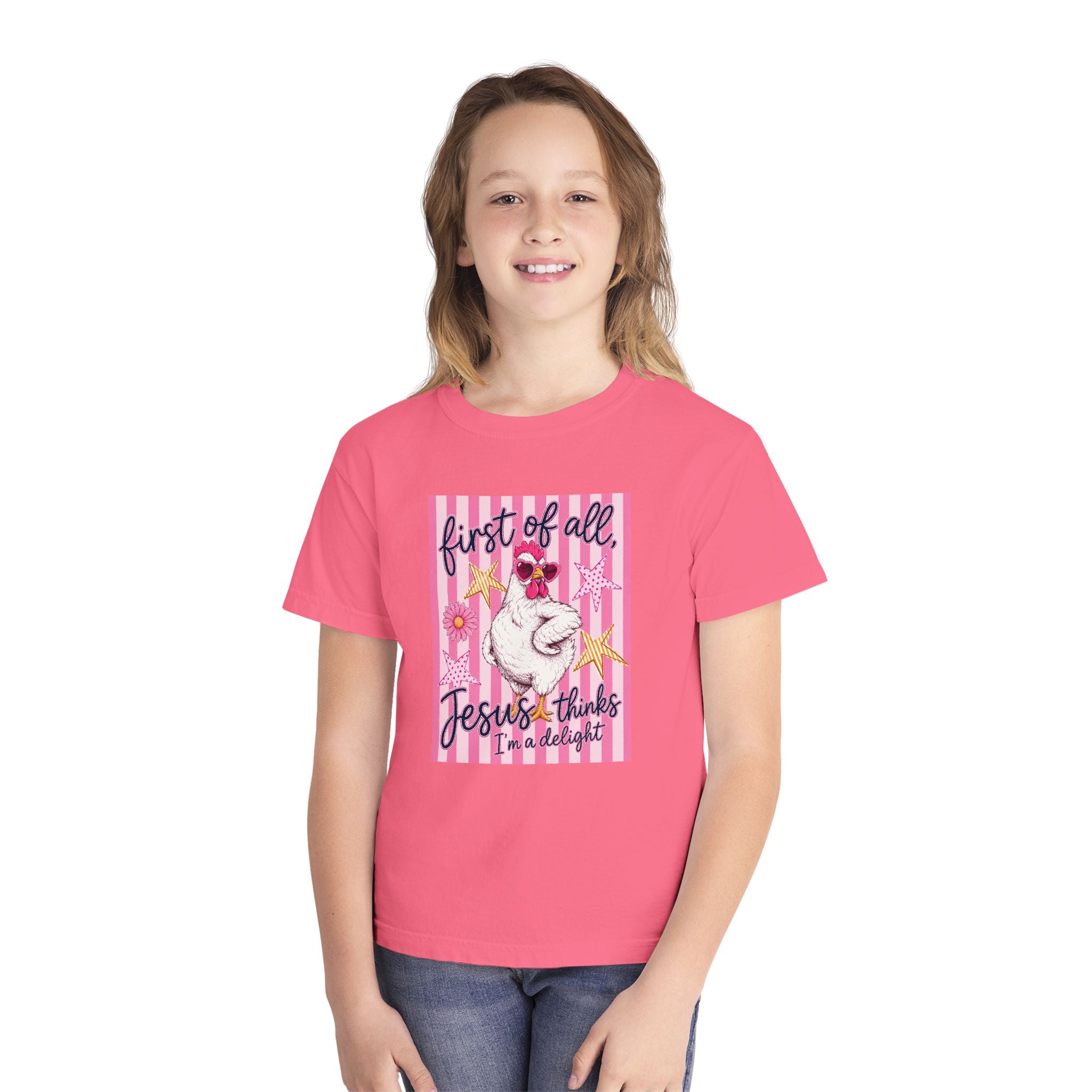 Youth Tee — “First of All Jesus Thinks I’m a Delight” Pink Chicken Graphic