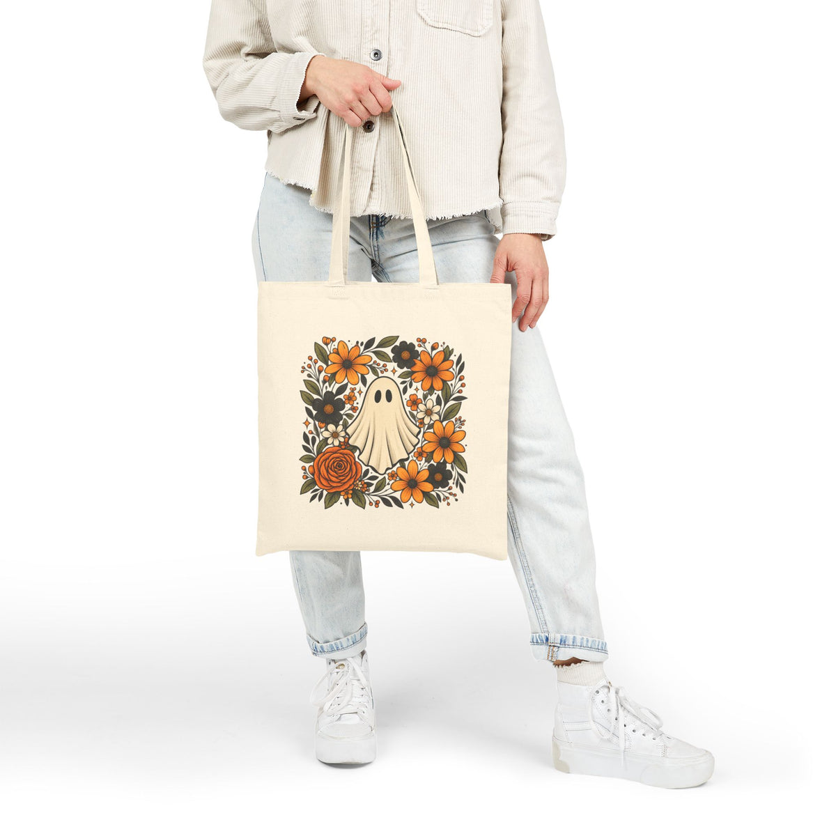 Halloween Ghost Floral Tote Bag — Cute Retro Ghost with Orange Flowers Cotton Canvas Tote