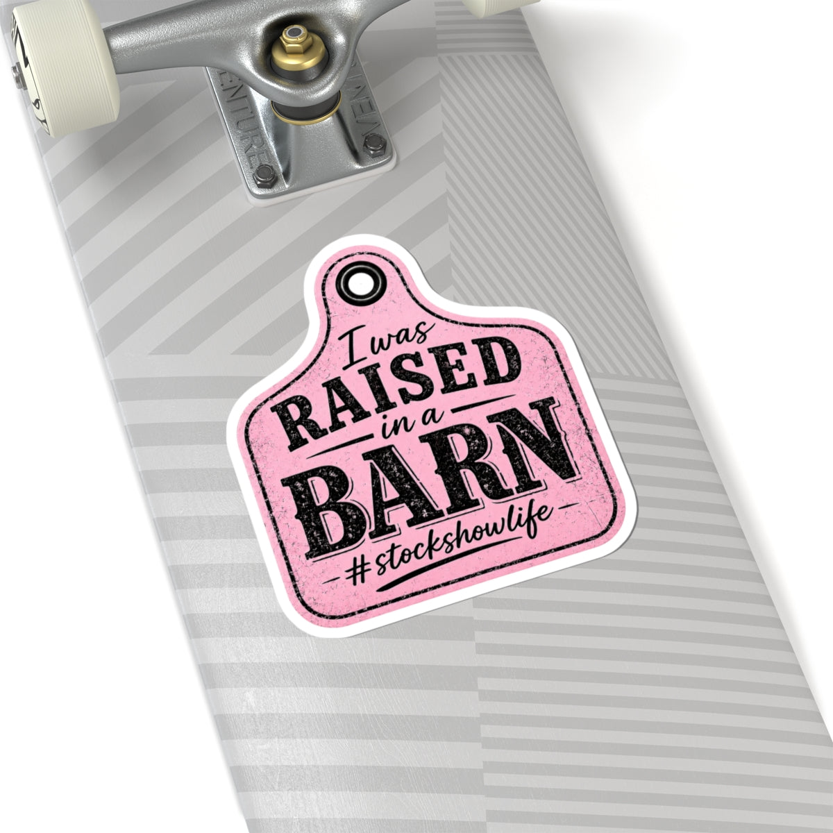 Raised in a Barn Kiss-Cut Sticker — #stockshowlife Pink Livestock Ear Tag Design
