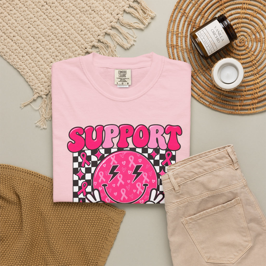 Support Squad T-Shirt — Pink Smiley Checkerboard Graphic Tee