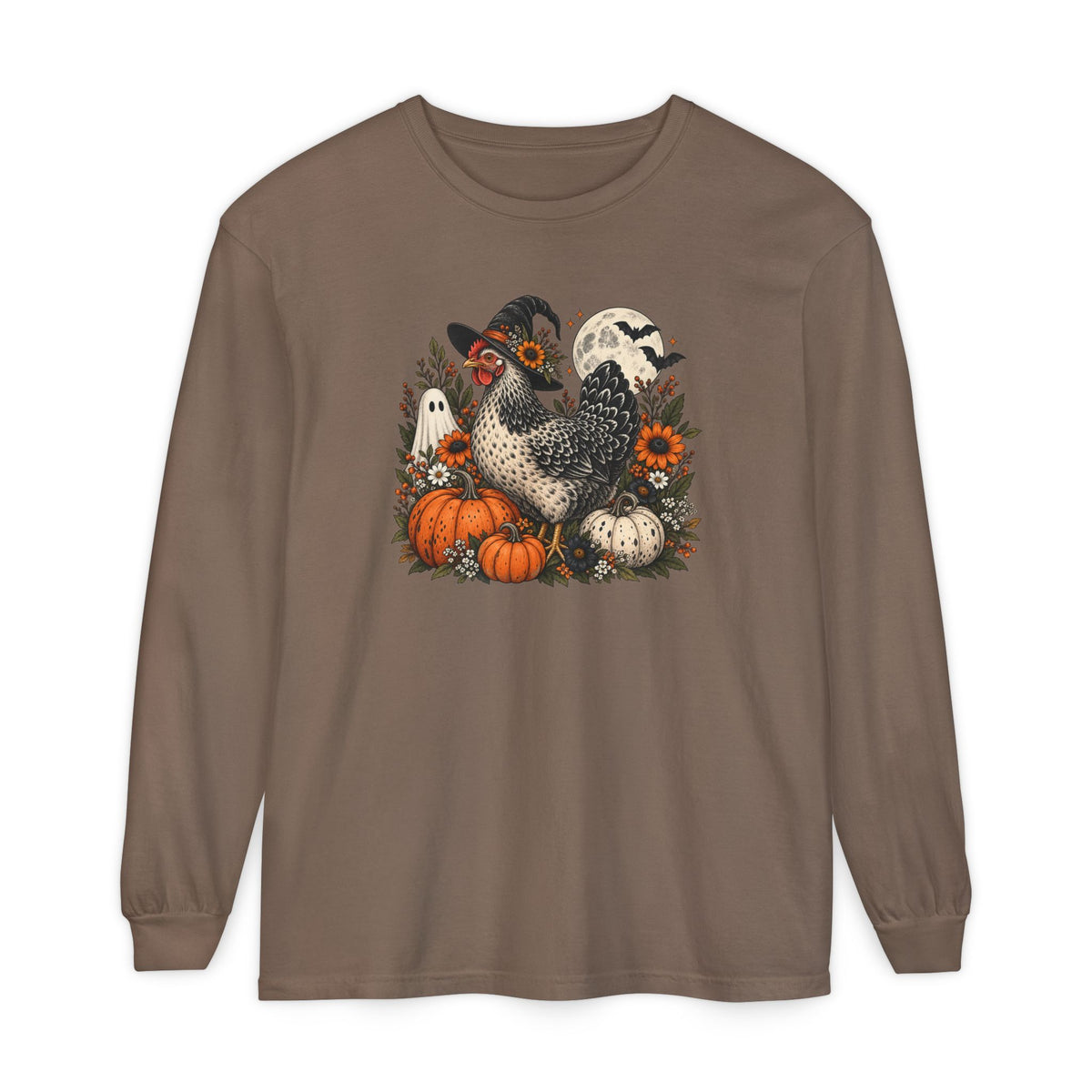 Halloween Chicken Tee — Witch Hat Chicken with Pumpkins & Ghosts Long Sleeve Shirt