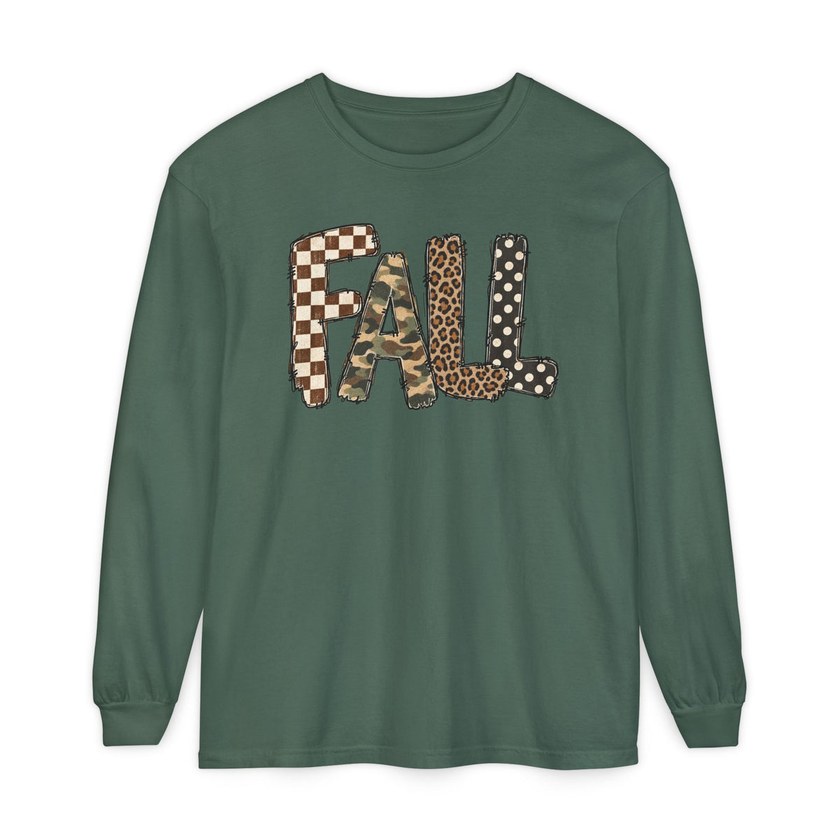 Fall Graphic Long Sleeve Tee — Leopard, Camo & Checkerboard Patch Letters