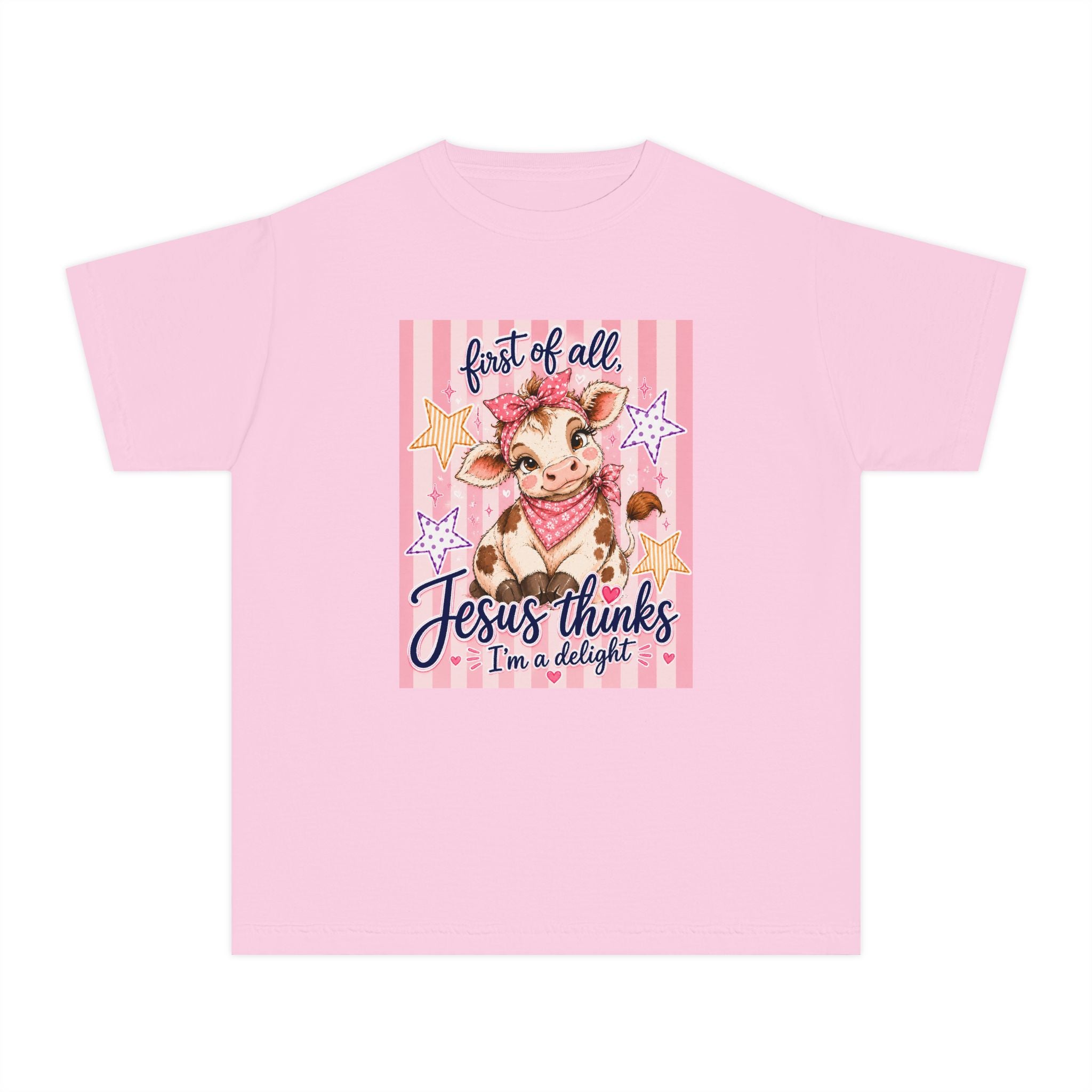 Youth Tee — “First of All, Jesus Thinks I’m a Delight” Cute Pink Cow Christian Kids Shirt
