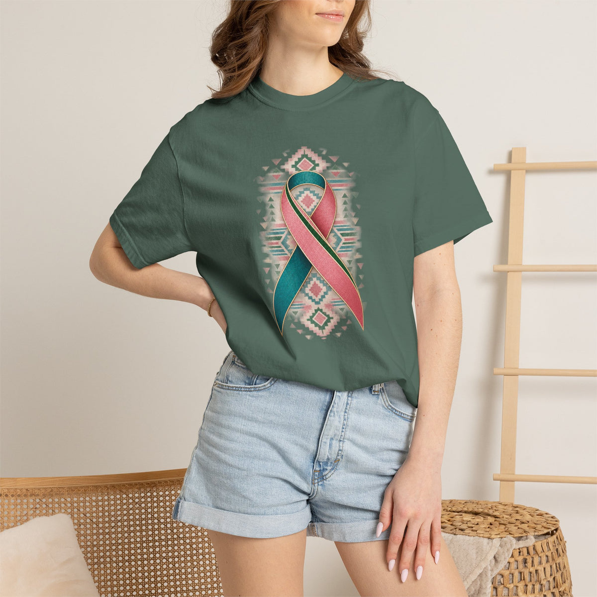 Metastatic Breast Cancer Awareness Ribbon Tee — Desert Aztec Teal & pink  Support Shirt