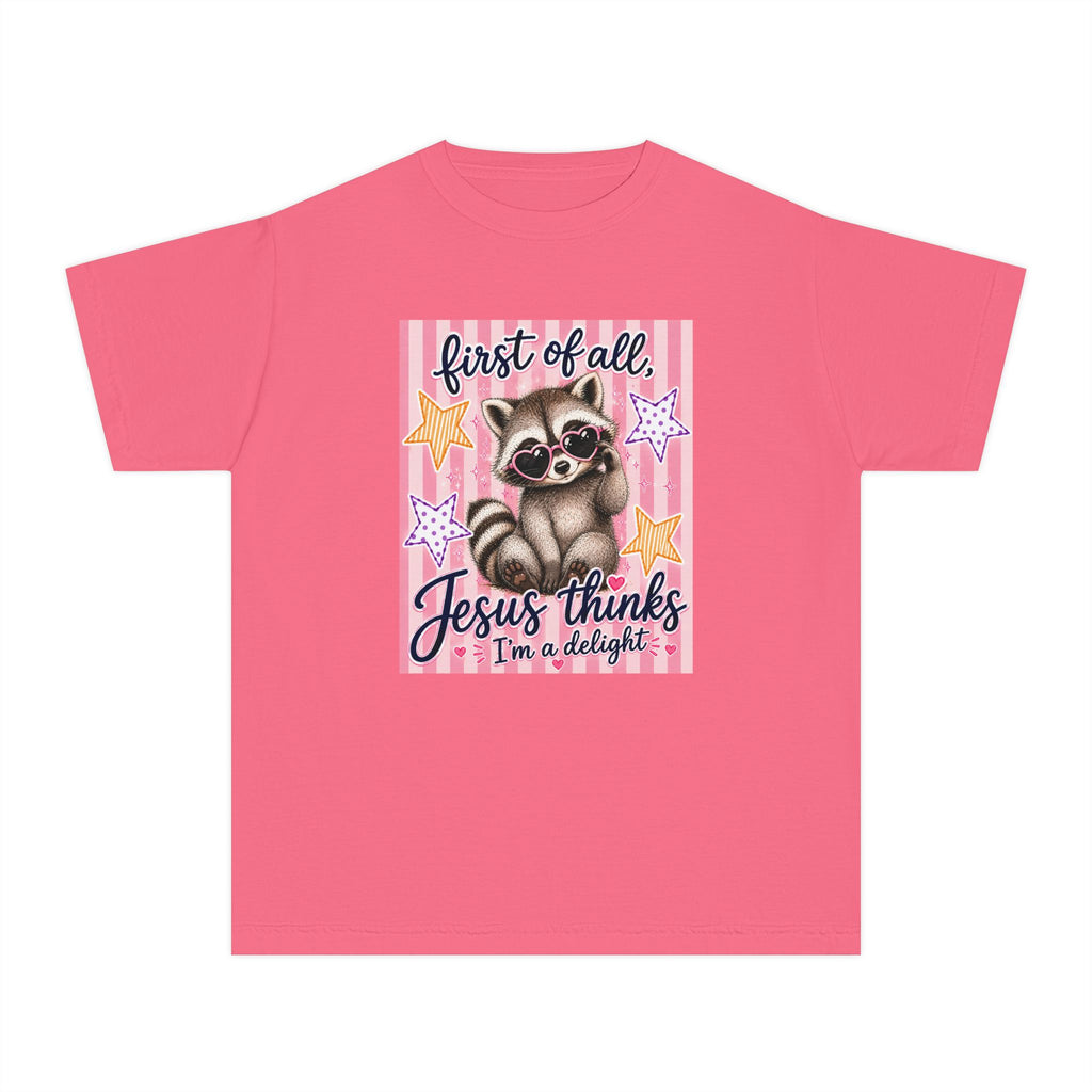 Youth Tee — 'First of All, Jesus Thinks I’m a Delight' Cute Raccoon Faith Shirt