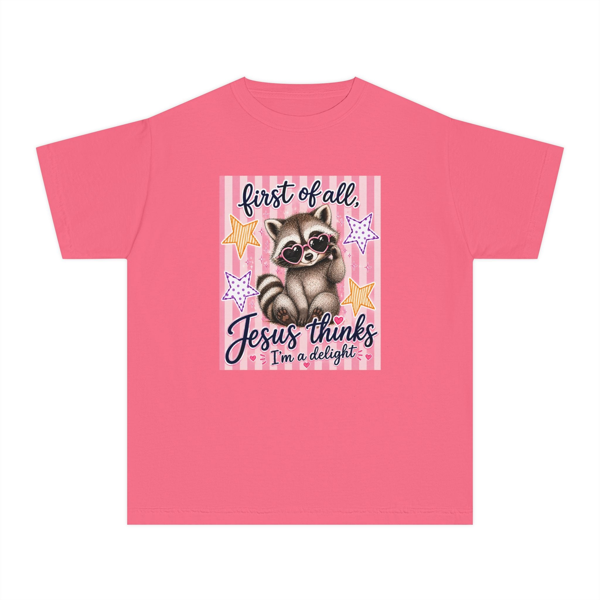 Youth Tee — 'First of All, Jesus Thinks I’m a Delight' Cute Raccoon Faith Shirt