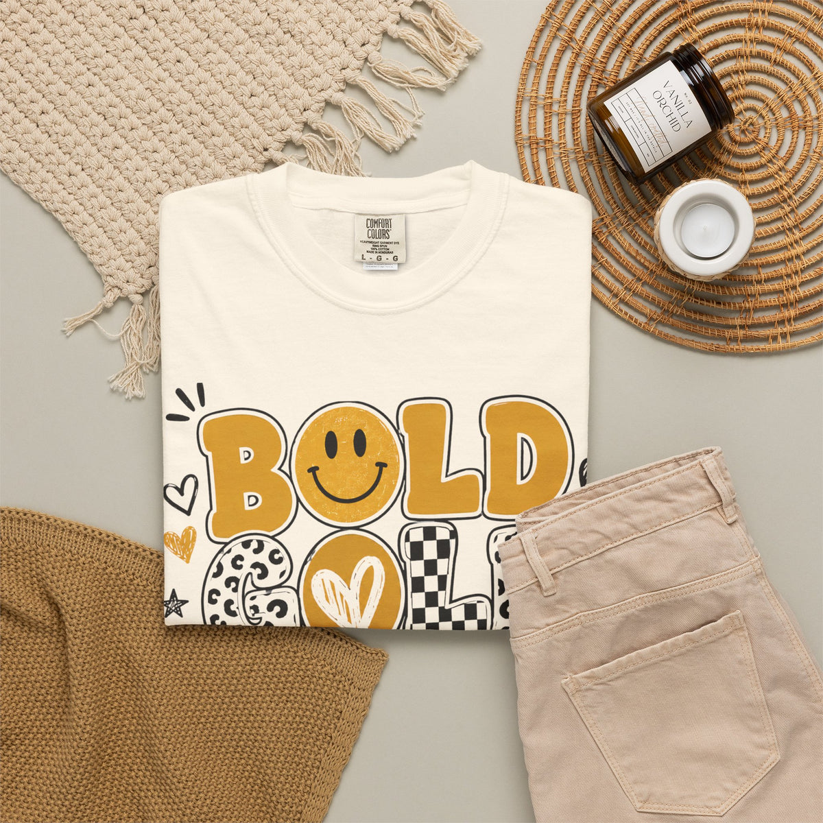Bold Gold Antelopes Graphic T-Shirt — Cheerful Retro Smile Design