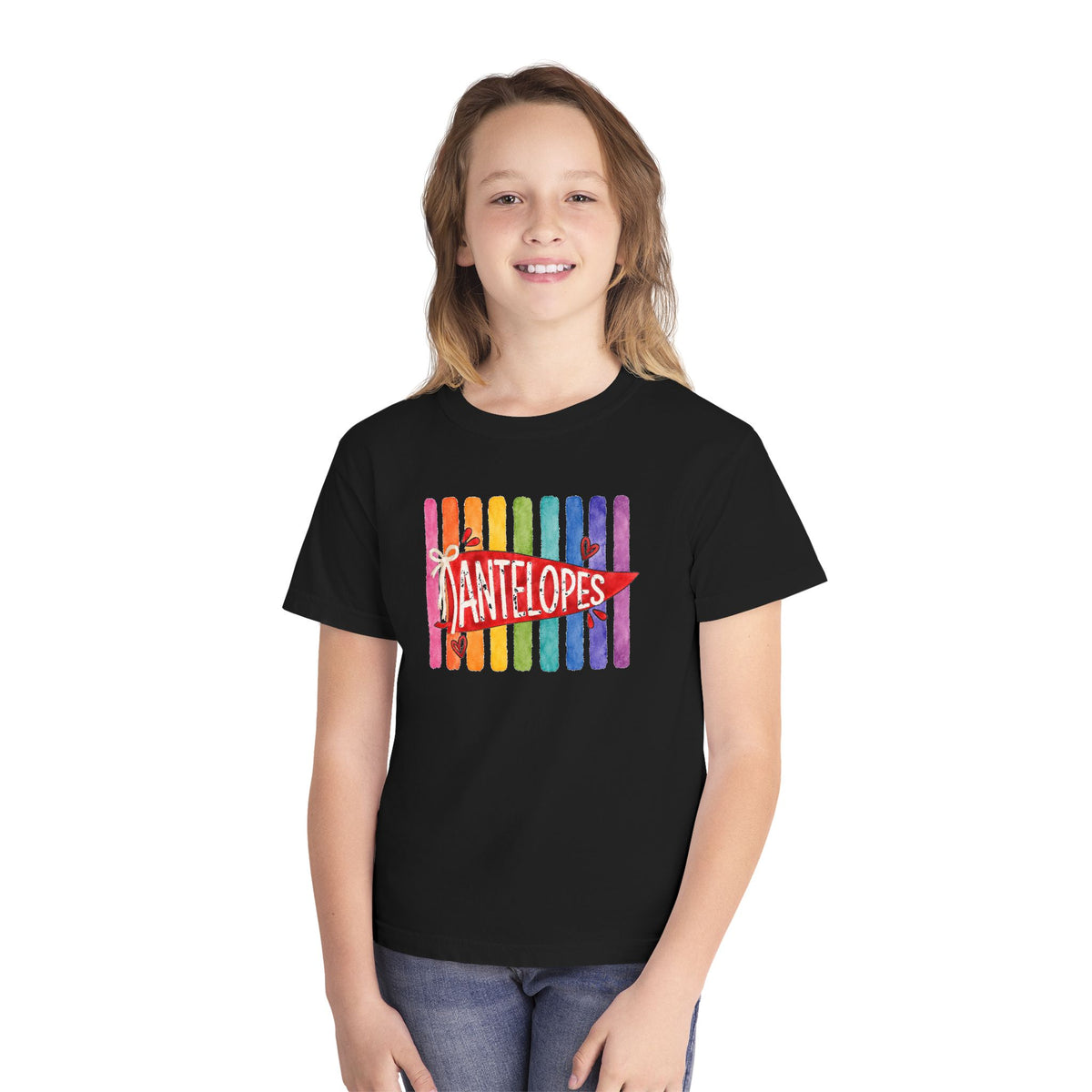 Youth Tee — Rainbow 'Antelopes' Pennant School Spirit Shirt