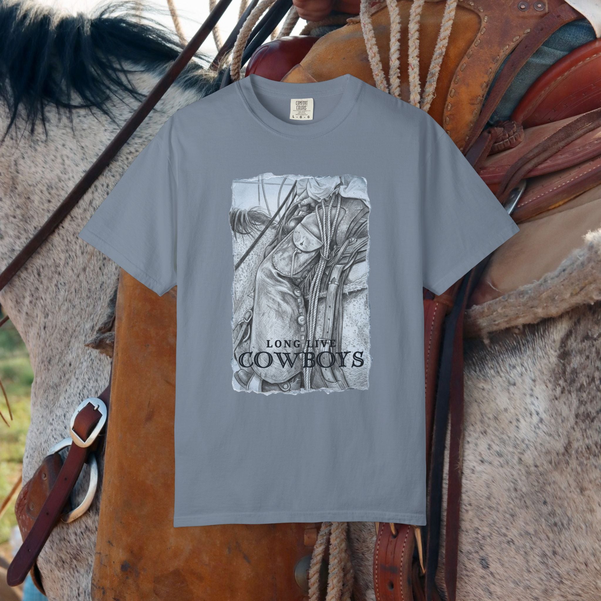Long Live Cowboys Graphic Tee | Original Western Photography Sketch Shirt | Unisex Garment-Dyed T-Shirt