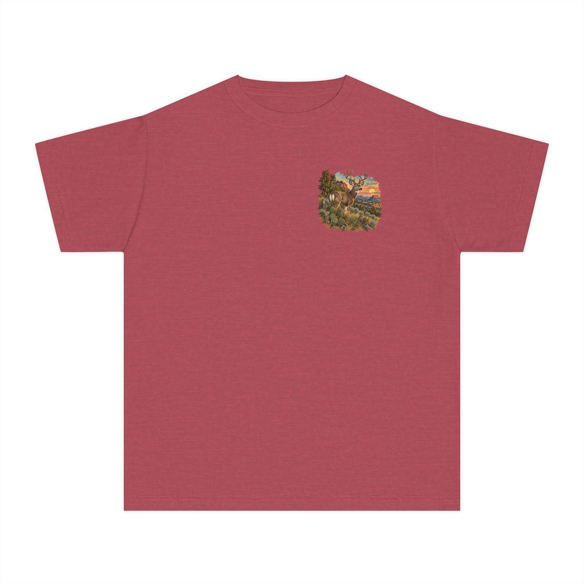 youth Caprock Critters mule deer tee with front and back West Texas sunset artwork.